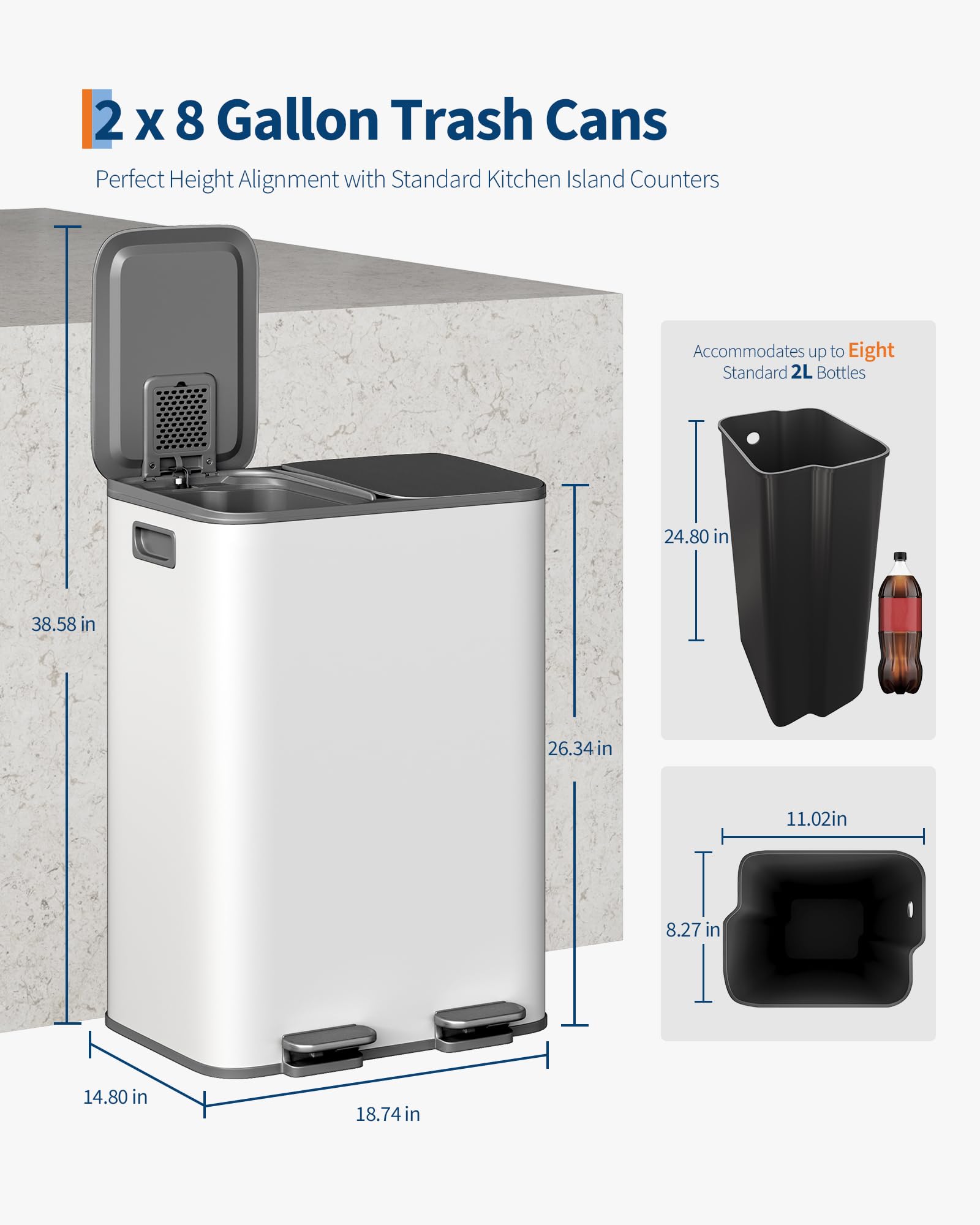 2 x 8 gal Stainless Steel Double Trash Can with Lid for Kitchen