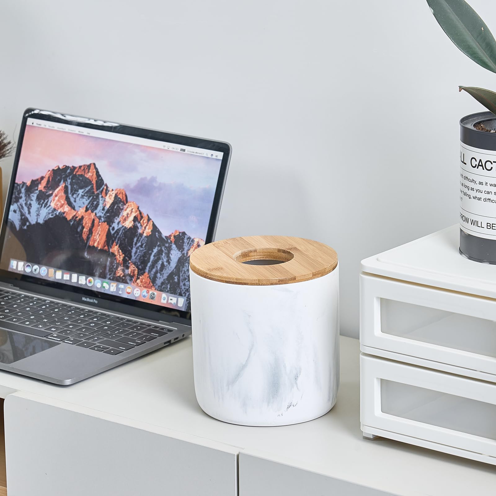 Marble White Mini Trash Can with Bamboo Lid