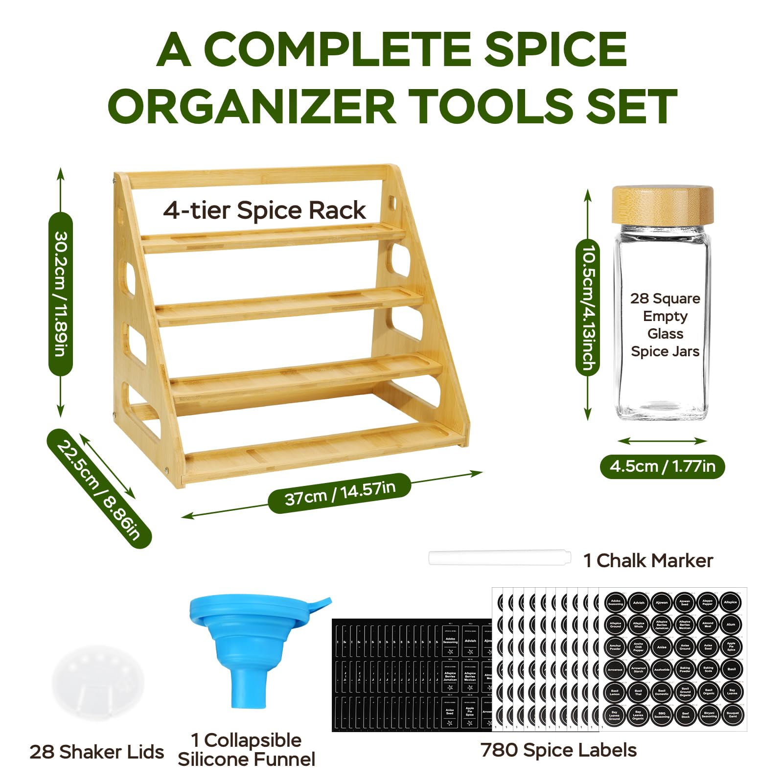 4Tier Bamboo Spice Rack Organizer with 28 Glass Spice Jars Empty 4 oz Jars