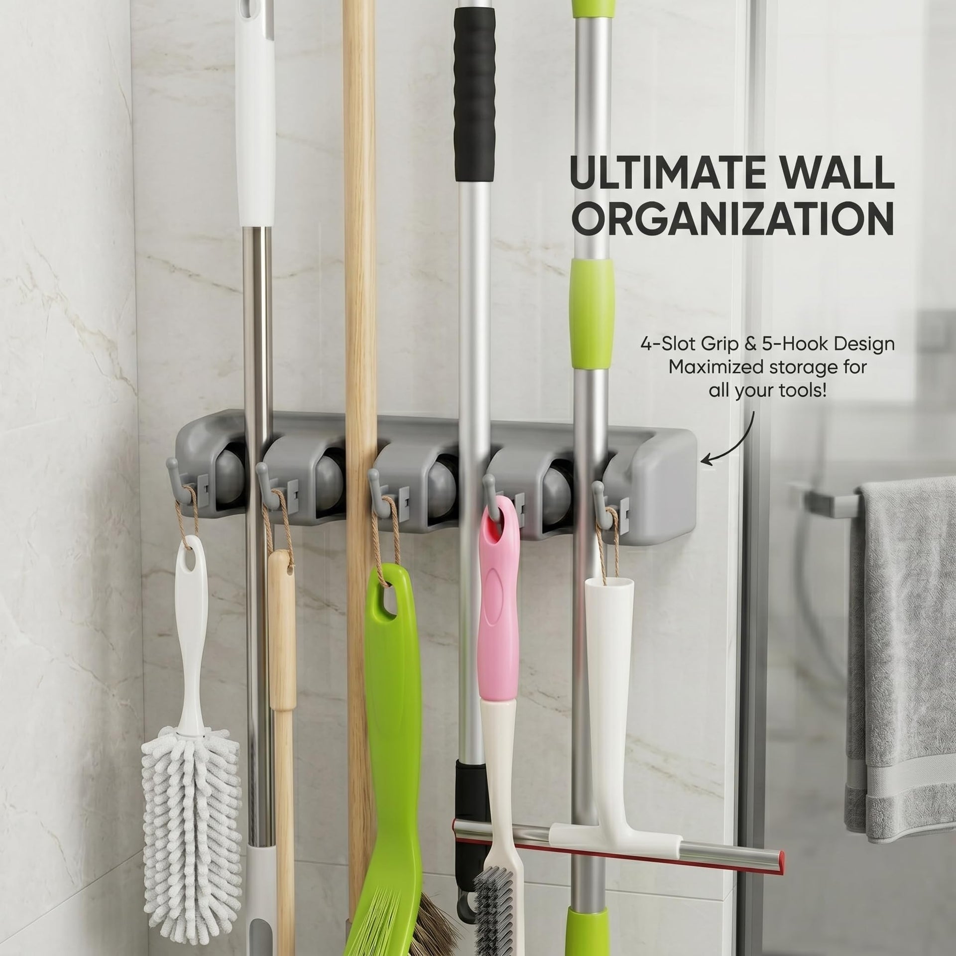 Mop and Broom Holder Wall Mounted 4 Position Storage Rack with 5 Retractable Hooks Holds up to 9 Tools Utility Weatherproof Holder for Garage Storage Systems Broom Organizer