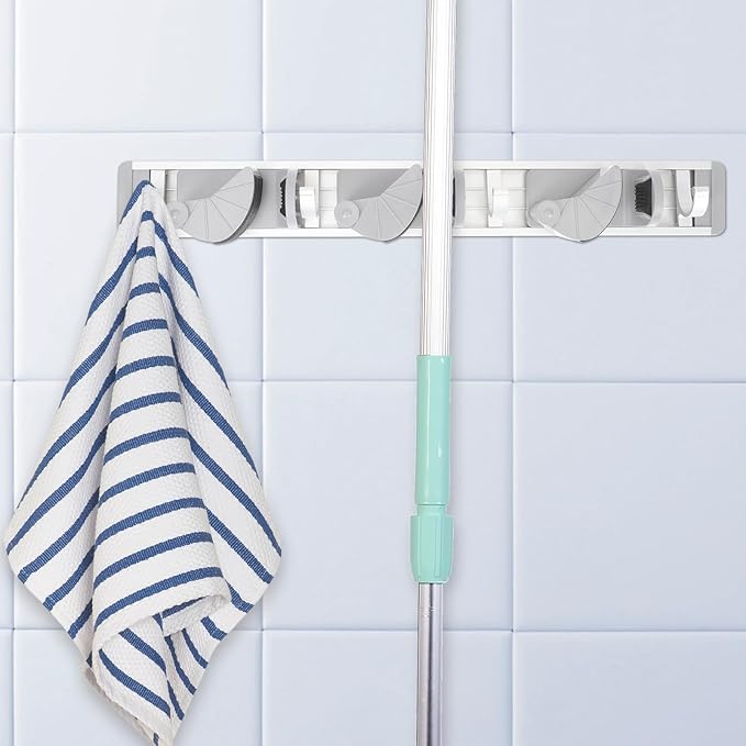 Tofficu Punch-free Broom Mop Holder Wall Mount, Space Aluminum Mop Hanger with 4 Hooks and 3 Clips, Gray Storage Rack for Garage Kitchen and Cleaning Supplies Organizer