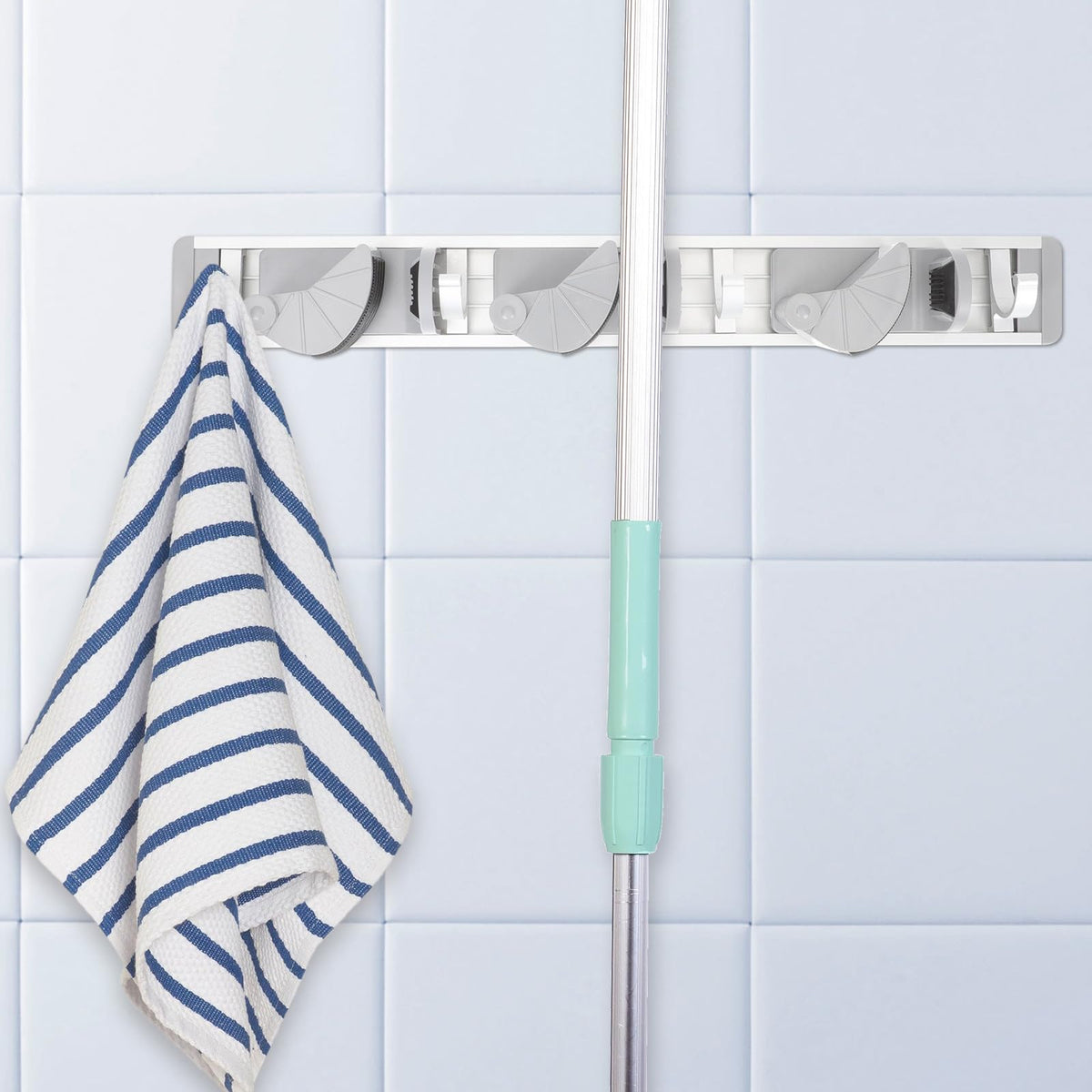 Nail free Mop and Broom Holder Wall Mounted Rack with Space Aluminum Hooks
