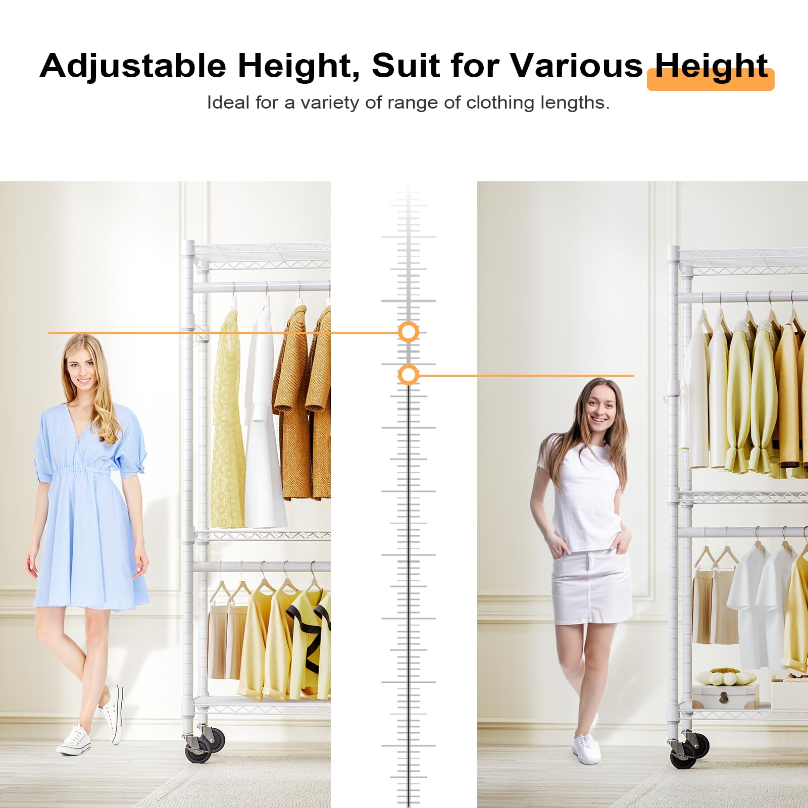 Heavy Duty Rolling Garment Rack 3 Tiers Adjustable Wire Shelving Clothes Rack with 2 Rods and Side Hooks