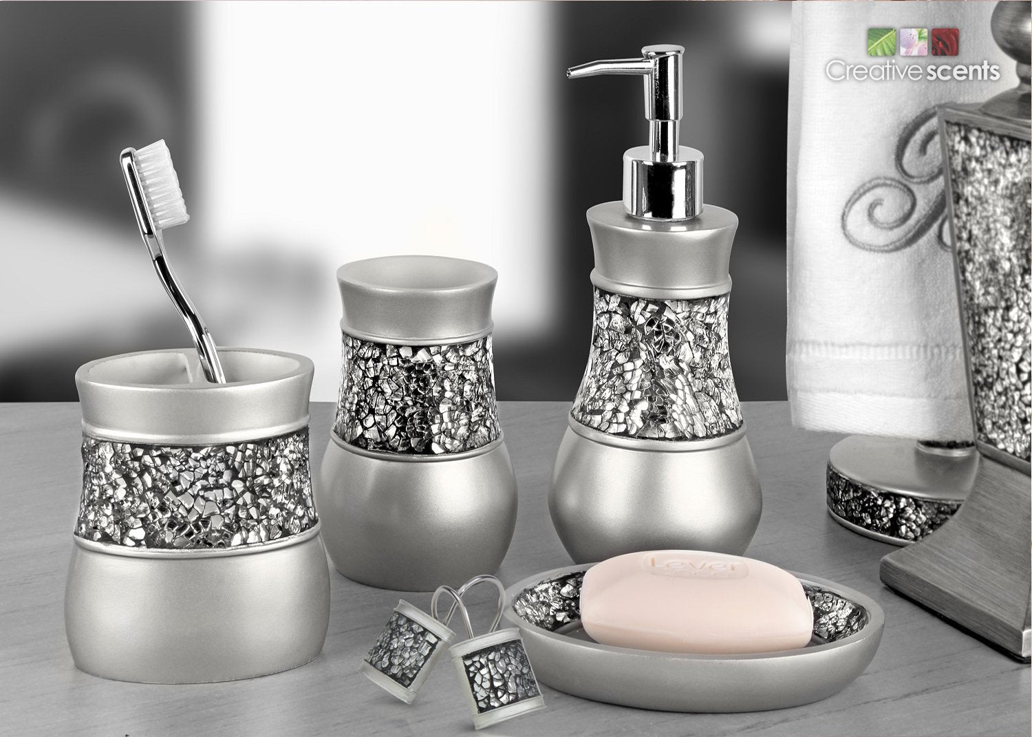 Crackled Glass 6 Pc. Silver Resin Bathroom Accessories Set (6 Count)