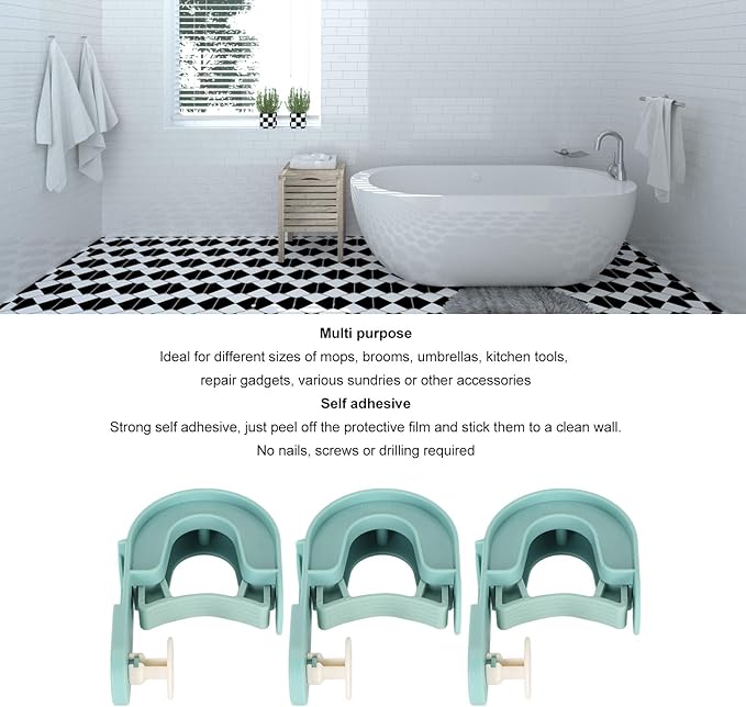 Broom Holder, 3 PCS Wall Mount Mop Organizer Gripper, Anti Slip Mop Handle Hanger, Improved Broom Holder, Broom Hanger Gripper for Kitchen, Bathroom, Closet, Garden Garage (Blue)