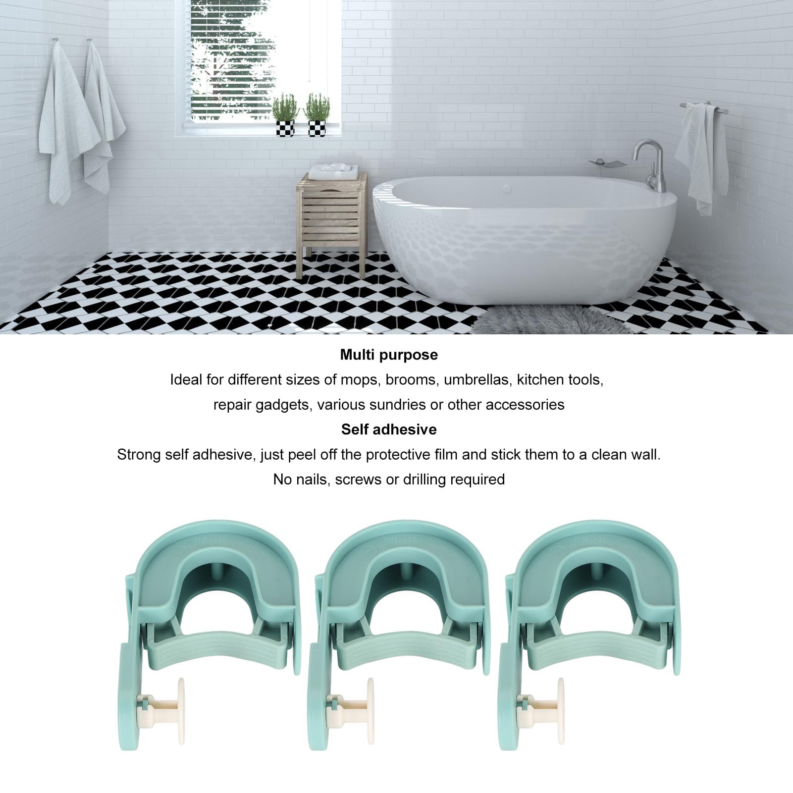 3Pcs Broom Mop Holder Self Adhesive Prevent Slip Multipurpose Wall Mount Mop Grippers for Home Bathroom Kitchen Garden Garage