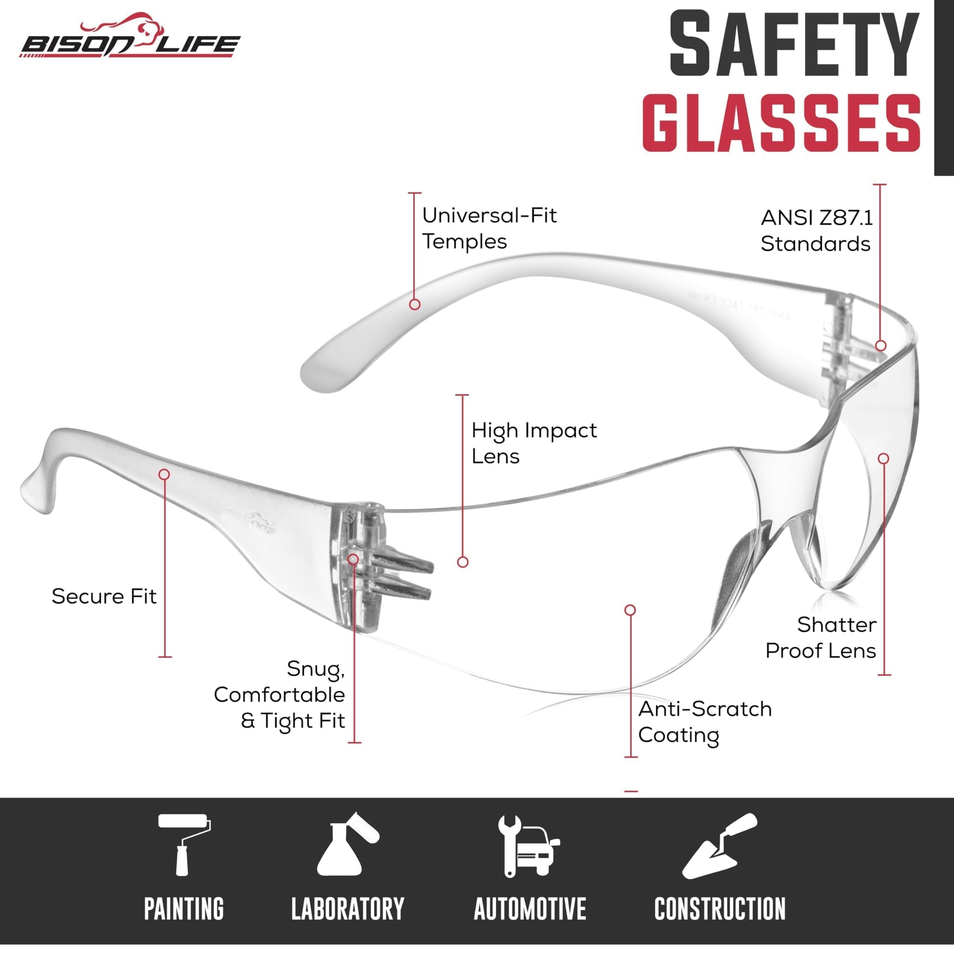 Clear Lens Pink Temple Safety Glasses Bulk 6 Pack (6 Count)