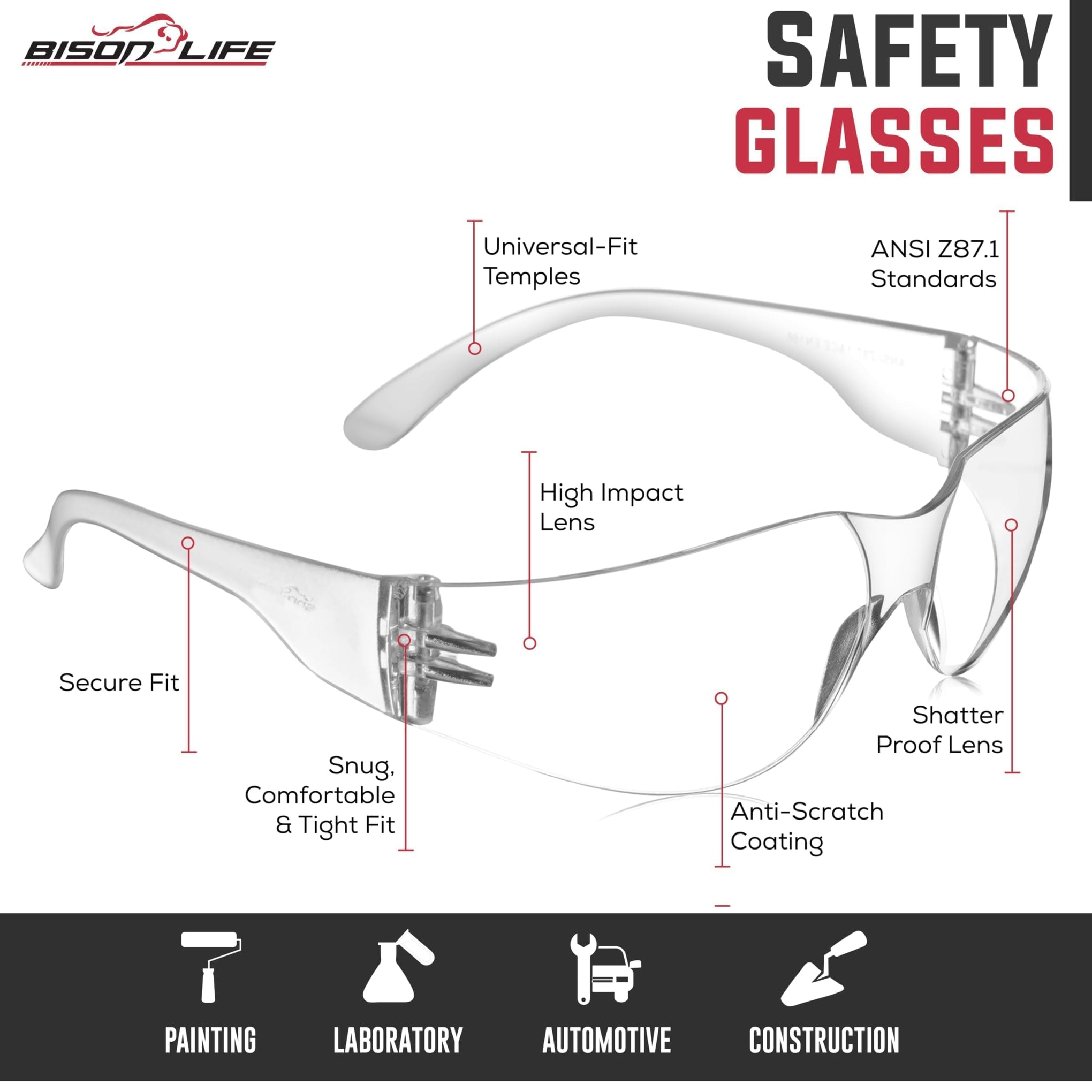 Clear Lens Pink Temple Safety Glasses Bulk 6 Pack (6 Count)