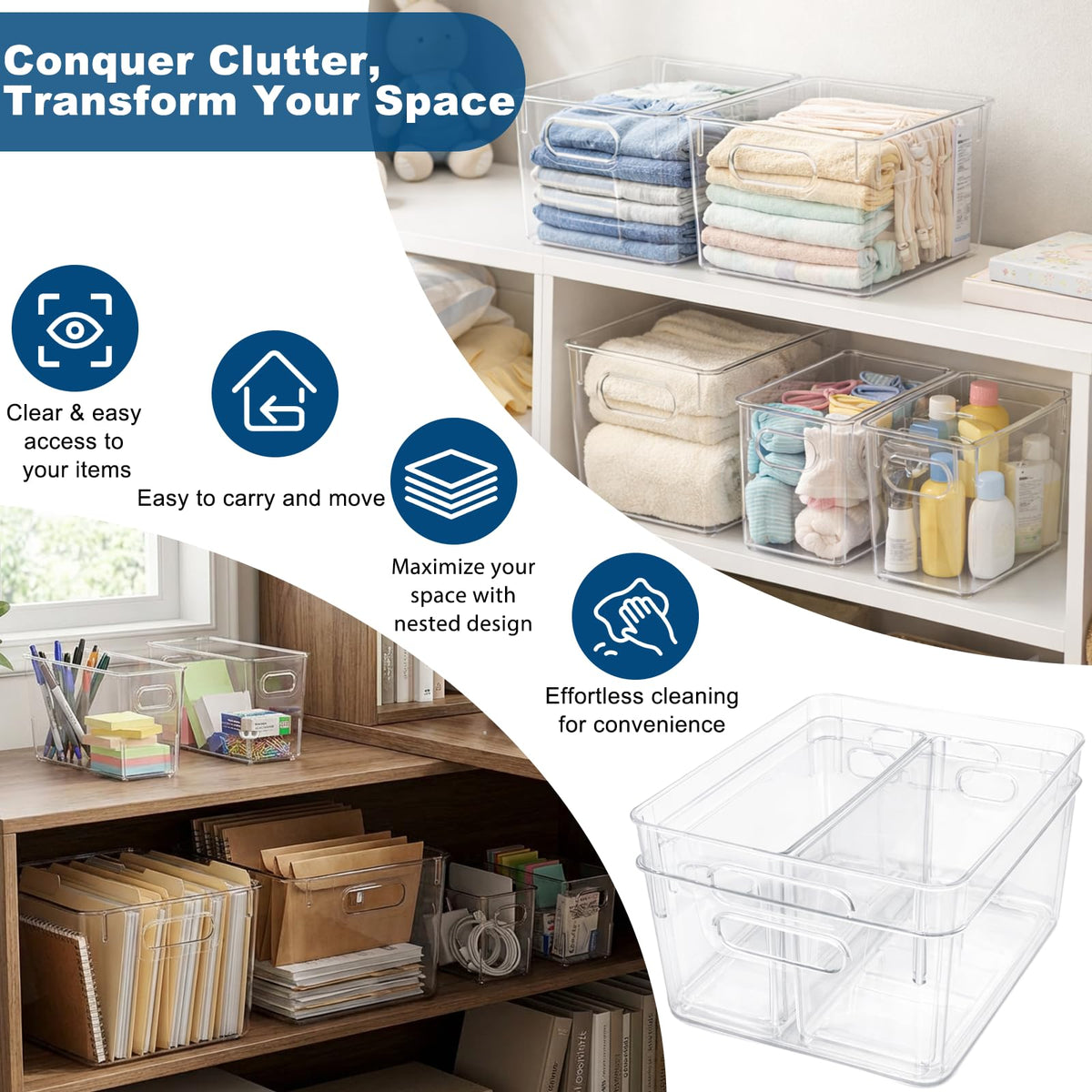 8 Pack Clear Plastic Storage Organizer Bins