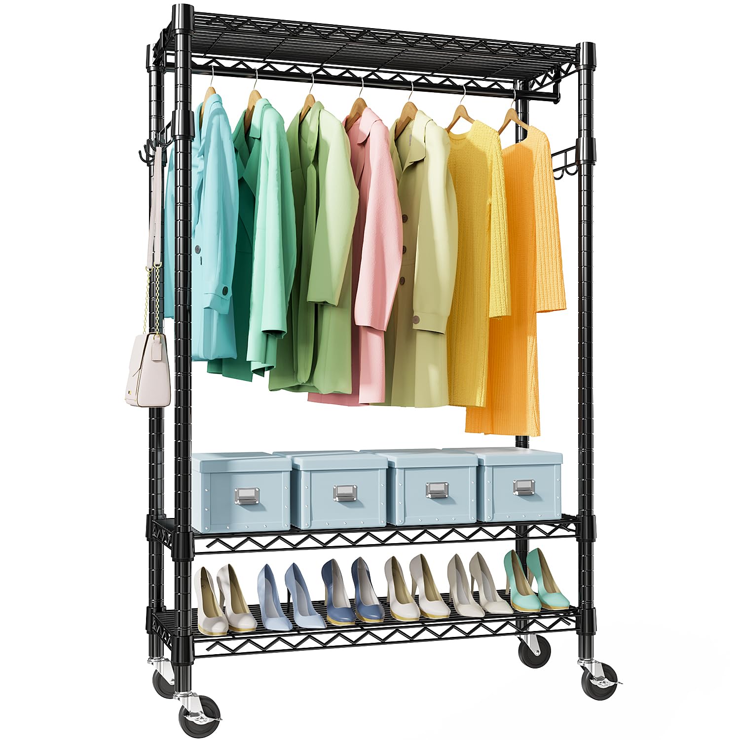 Heavy Duty Rolling Garment Rack 3 Tiers Adjustable Wire Shelving Clothes Rack with Rods and Side Hooks