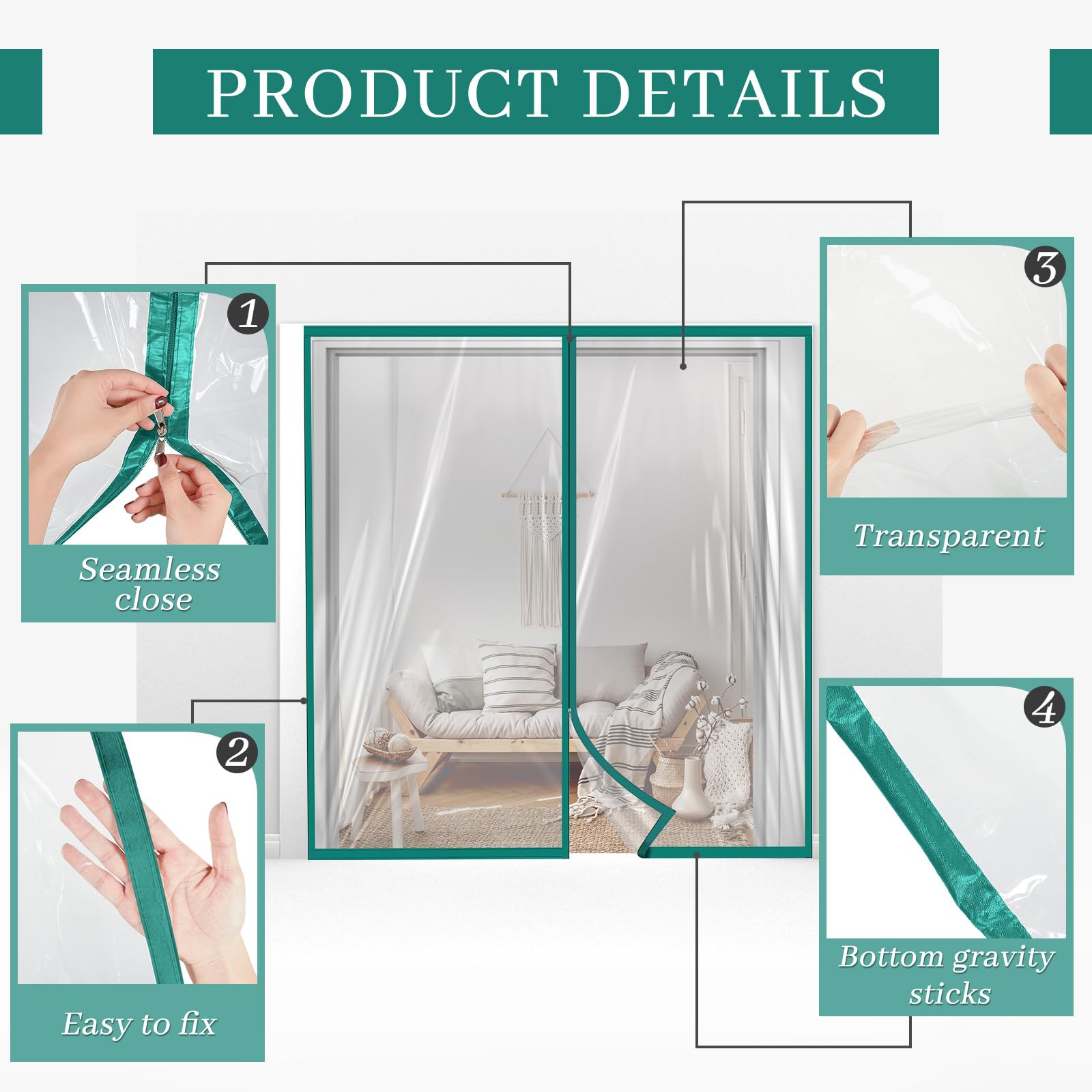 Zipper 72 x 80 Inch Dust Barrier Door Kit 6 x 6.7 ft Winter Construction Door Reusable Plastic Curtain Cover Containment Standard Doorway Temporary Wall Screen Sheeting for Bathroom Hallway