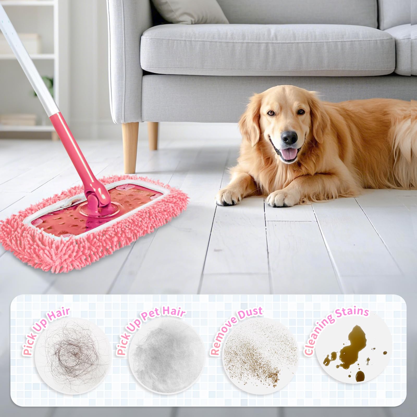 4 Pack Pink Reusable Chenille Mop Pads Fit for Swiffer Sweeper (4 Count)