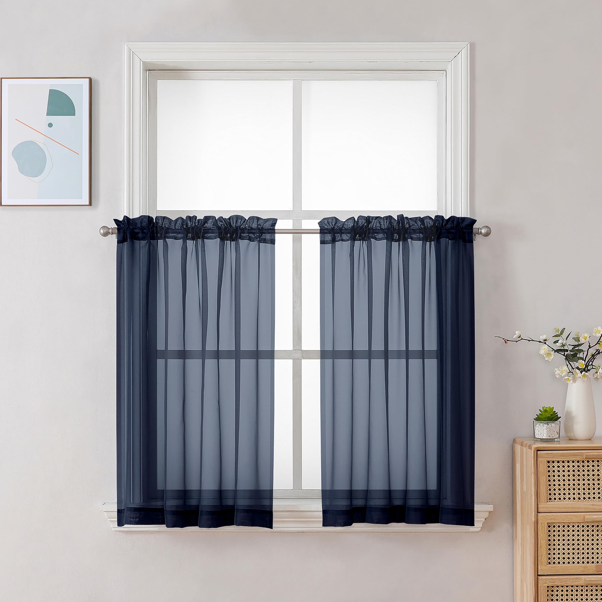 Navy Blue Sheer Curtains 30 inch Length 2 Panels (2 Count)