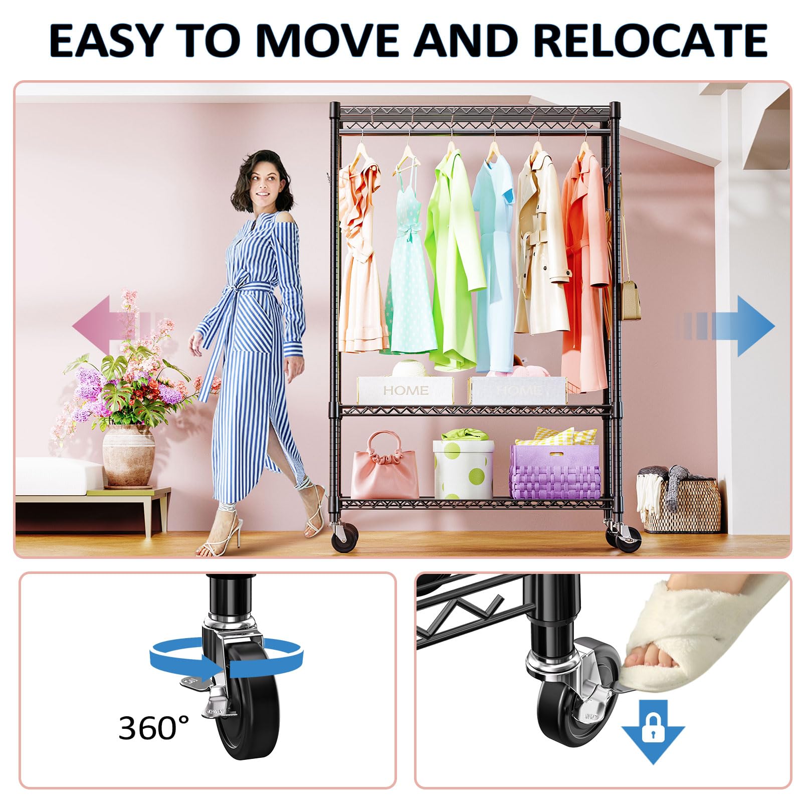 Heavy Duty Rolling Garment Rack Wire Clothes Rack for Hanging Clothes