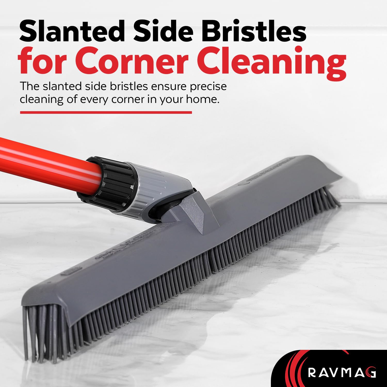 2-in-1 Silicone Rubber Broom Carpet Rake and Squeegee - Swivel Pet Hair Removal Broom - 4 Piece Handle - Slanted Side Bristles for Corners - Multipurpose Rubber Broom for Carpet, Hardwood Floor, Tile