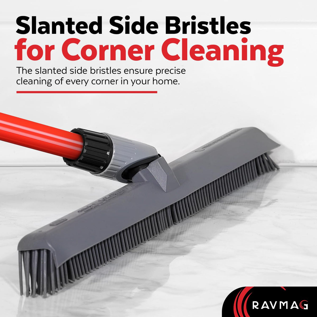 2-in-1 Silicone Rubber Broom Carpet Rake and Squeegee - Swivel Pet Hair Removal Broom - 1 Piece Long Handle - Slanted Side Bristles for Corners - Multipurpose Broom for Carpet, Hardwood Floor, Tile