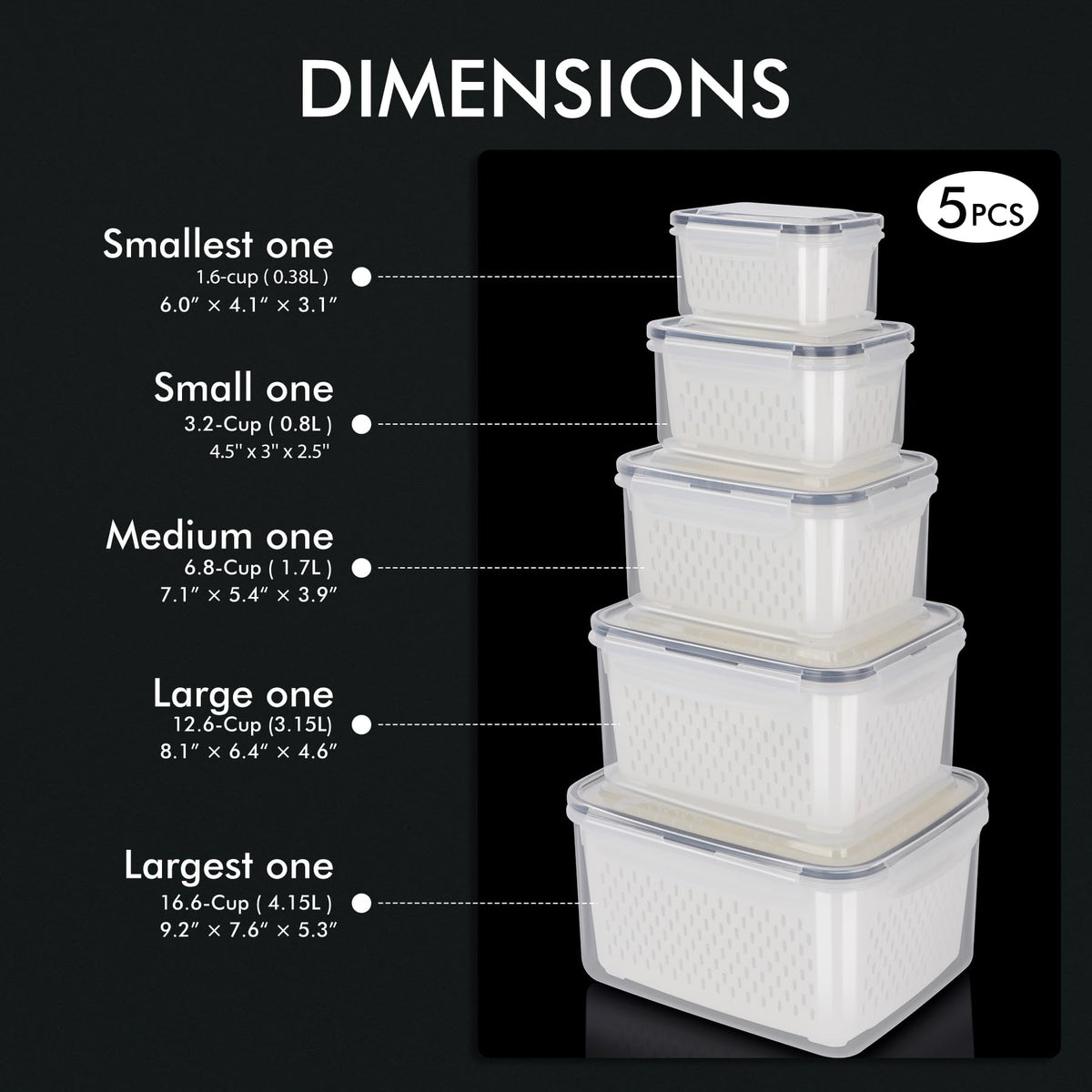 5 Pack Large Fruit Storage Container for Fridge Leak proof with Removable Colander (140.3282 Fl Oz)