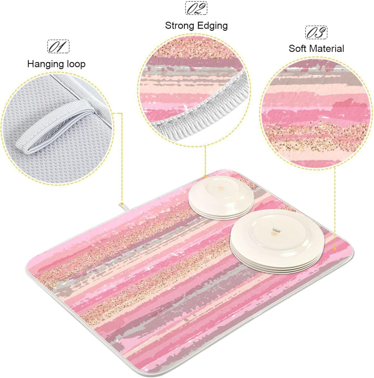 Pink Gold Stripe Dish Drying Mat for Kitchen Countertop 16x18 Rectangle Small Drying Mat Reusable Quick Dry Dish Sink Absorbent Mats Dishwasher Easy Clean Decorative Home Decor Essentials