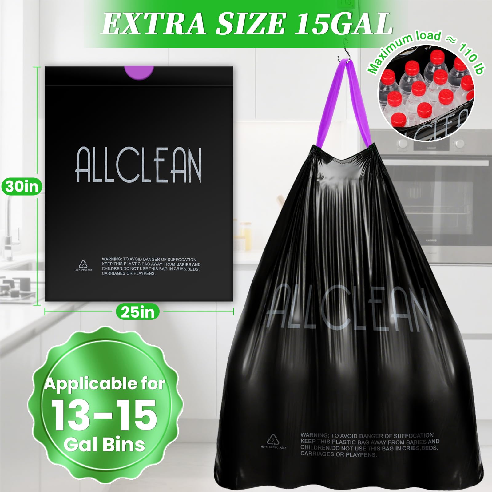 Trash Bags 15 Gallon Tall Kitchen Drawstring Garbage Bag Fit 13 (30 Count)