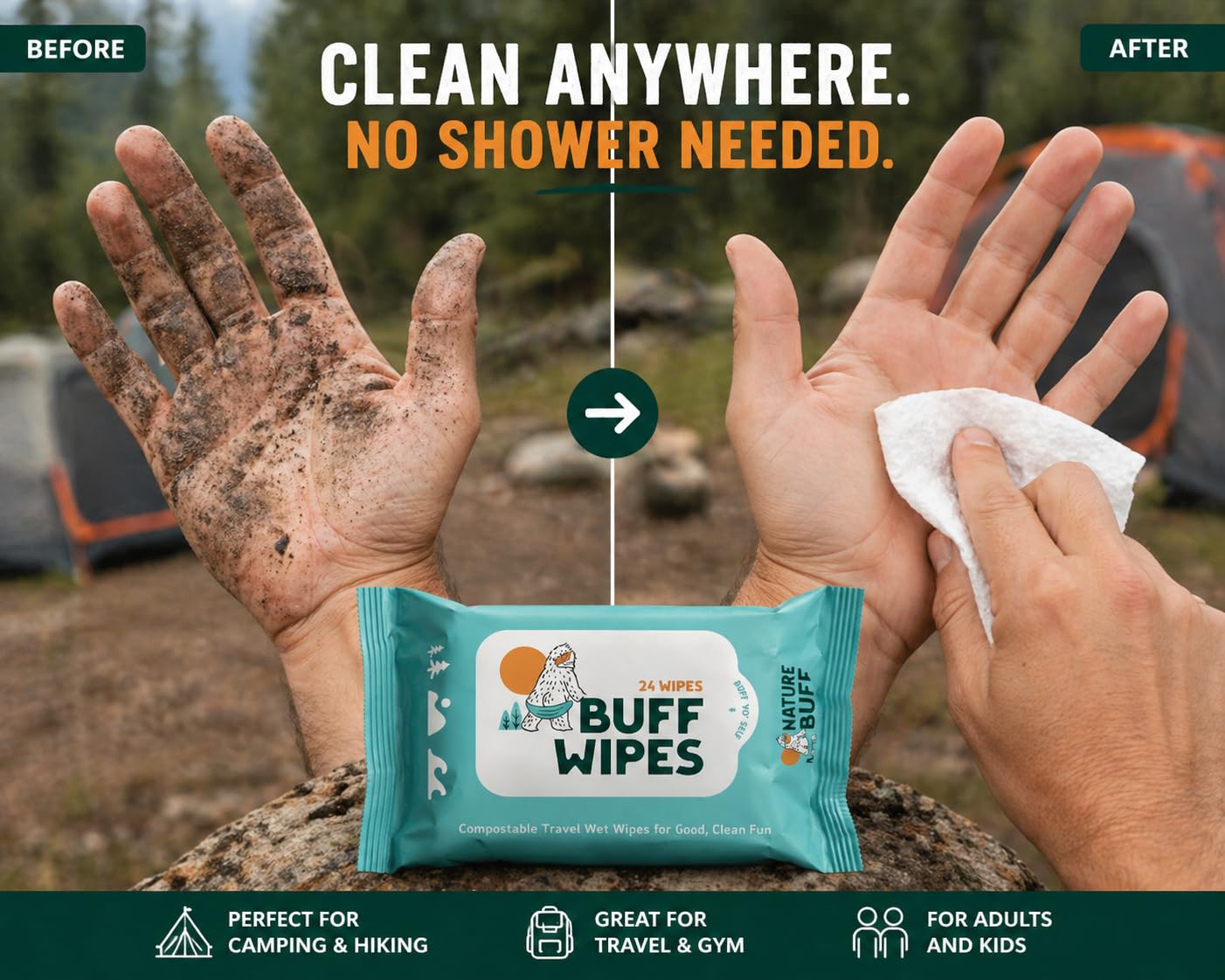 Camping Wet Wipes 8 x 8 Inch Full Body Wipes Unscented Outdoor Travel Wipes for Hiking Backpacking Camping Hygiene Pack of 12 (12 Count)