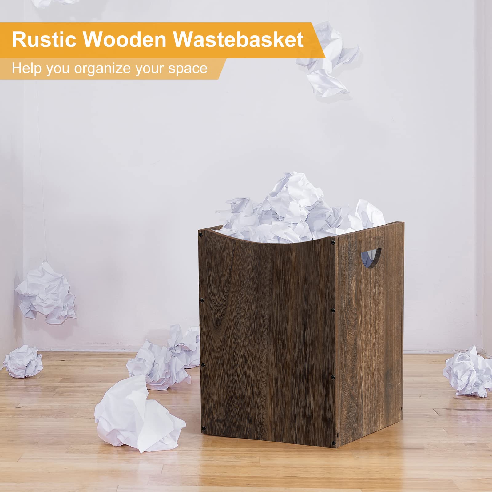 Large Wood Trash Can 9.5 Gallon Waste Basket Bin with Handles for Office