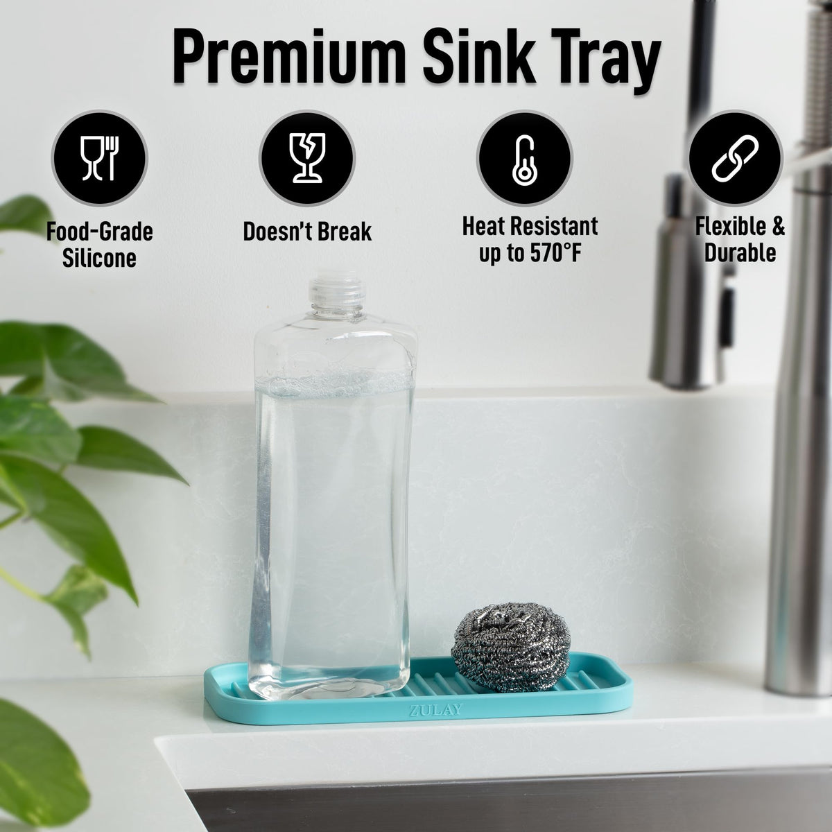 9x3.5) Silicone Sponge Holder for Kitchen Sink - Flexible Multipurpose Soap Tray Sponge Holder - Sink Organizer Tray for, Bathroom, Makeup, Trinkets & More (Aqua Sky)