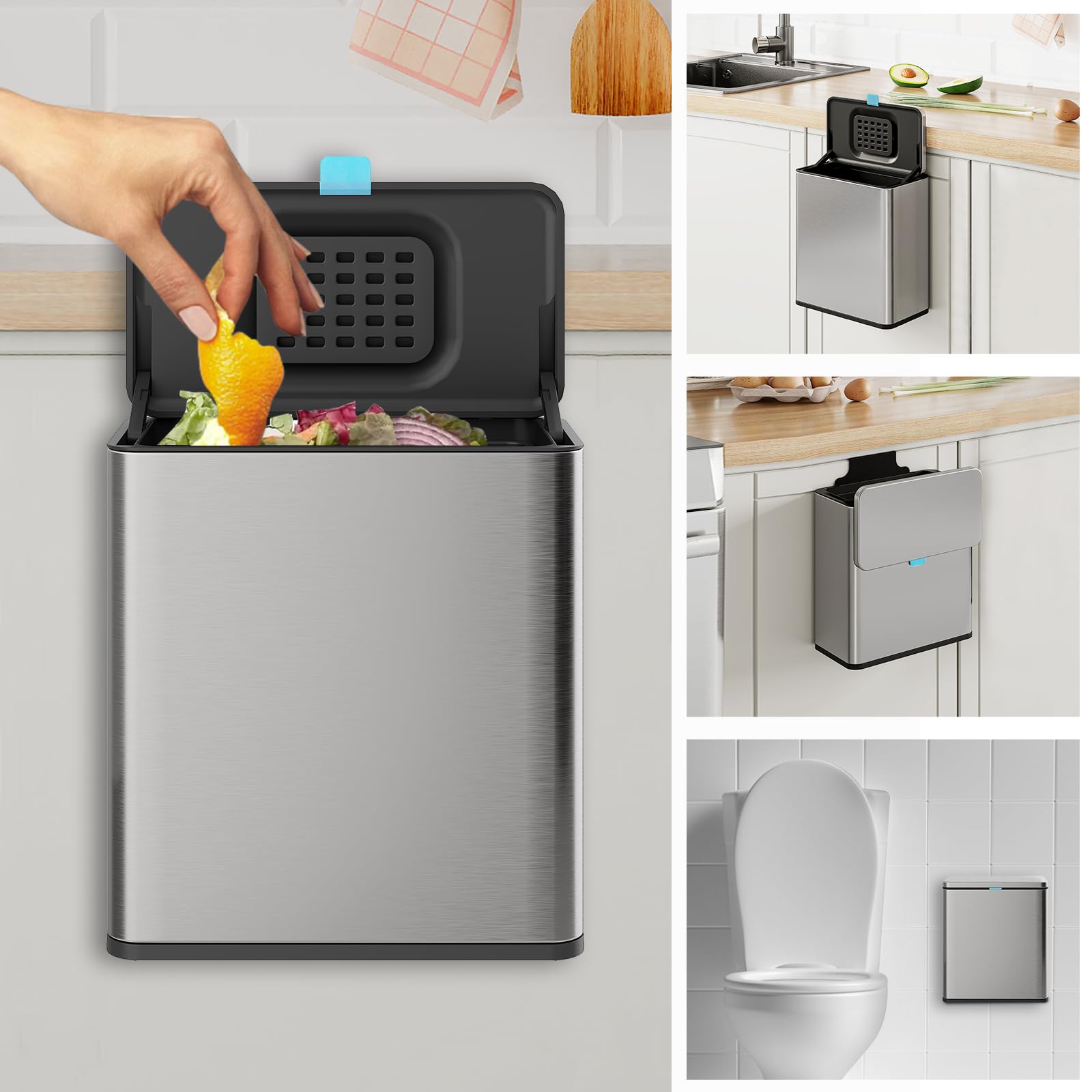Stainless Steel Hanging Trash Can with Lid and Inner Bucket