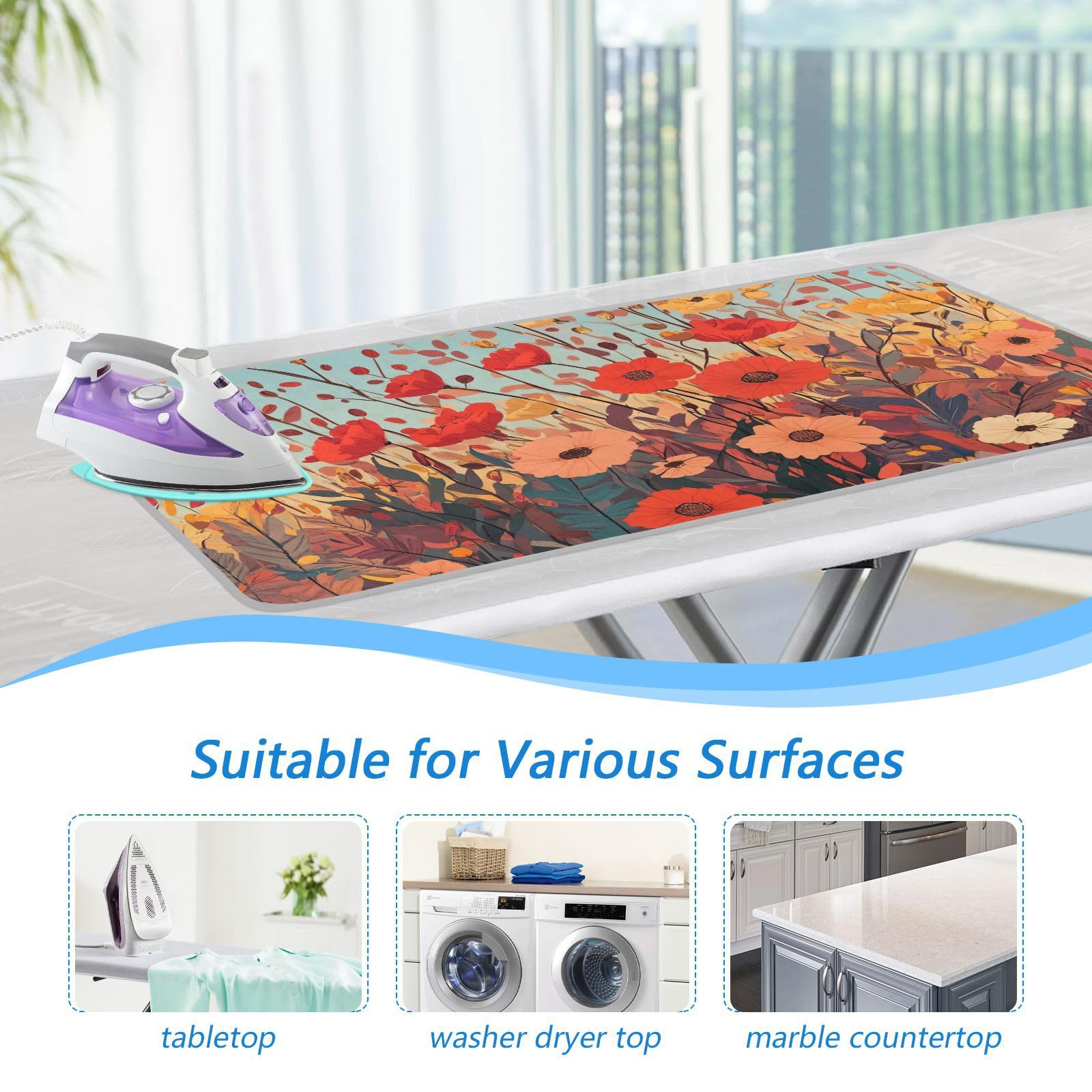Autumn Poppy Flowers Ironing Mat Portable Ironing Pad Blanket with Silicone Iron Rest for Table Top Travel Heat Resistant Double