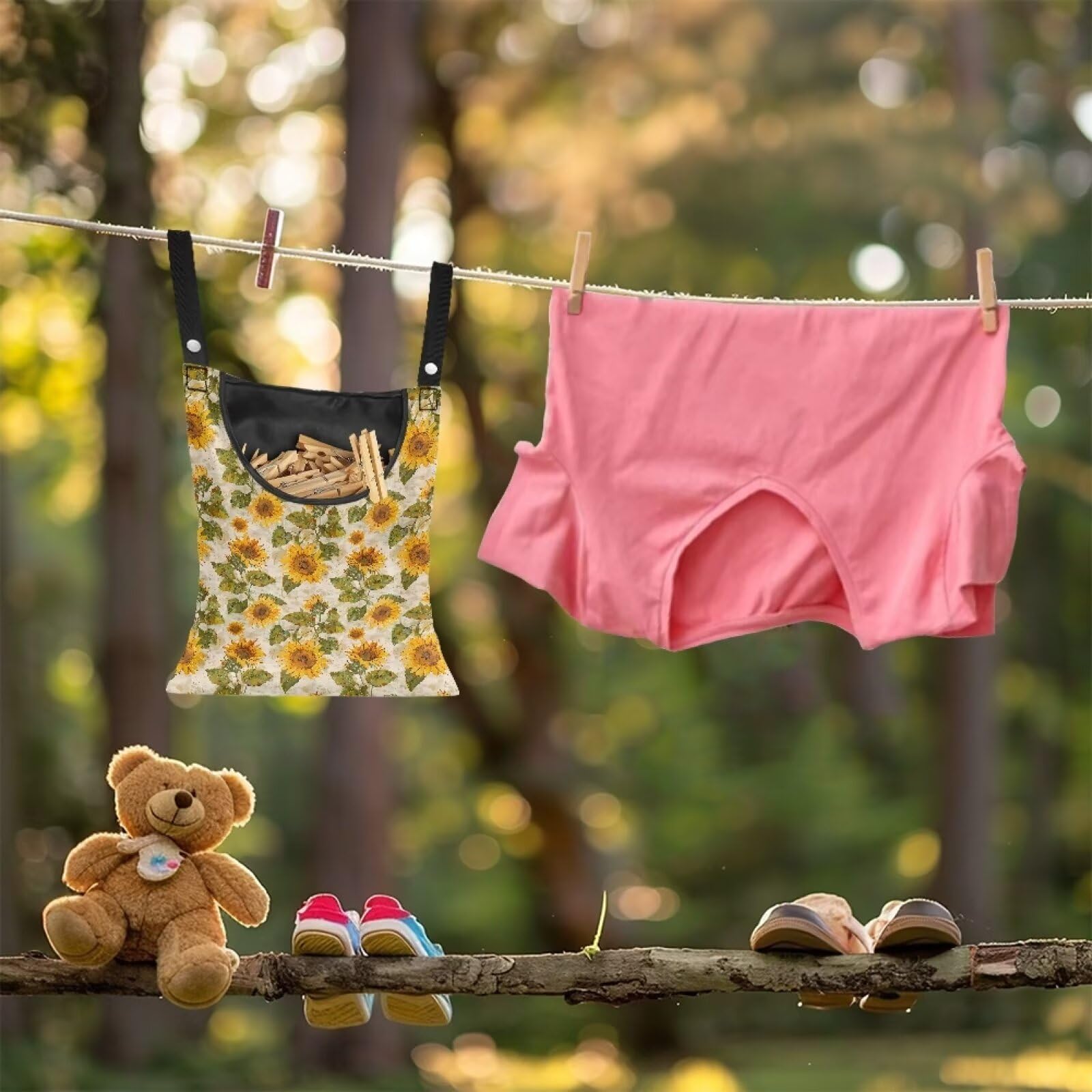 Sunflower Clothespin Organizer Bag Clothespin Bags with Hanging Hook Waterproof Clothes Pin Storage Organizer with Large Opening Clothespin Bag for Clothesline Outdoor