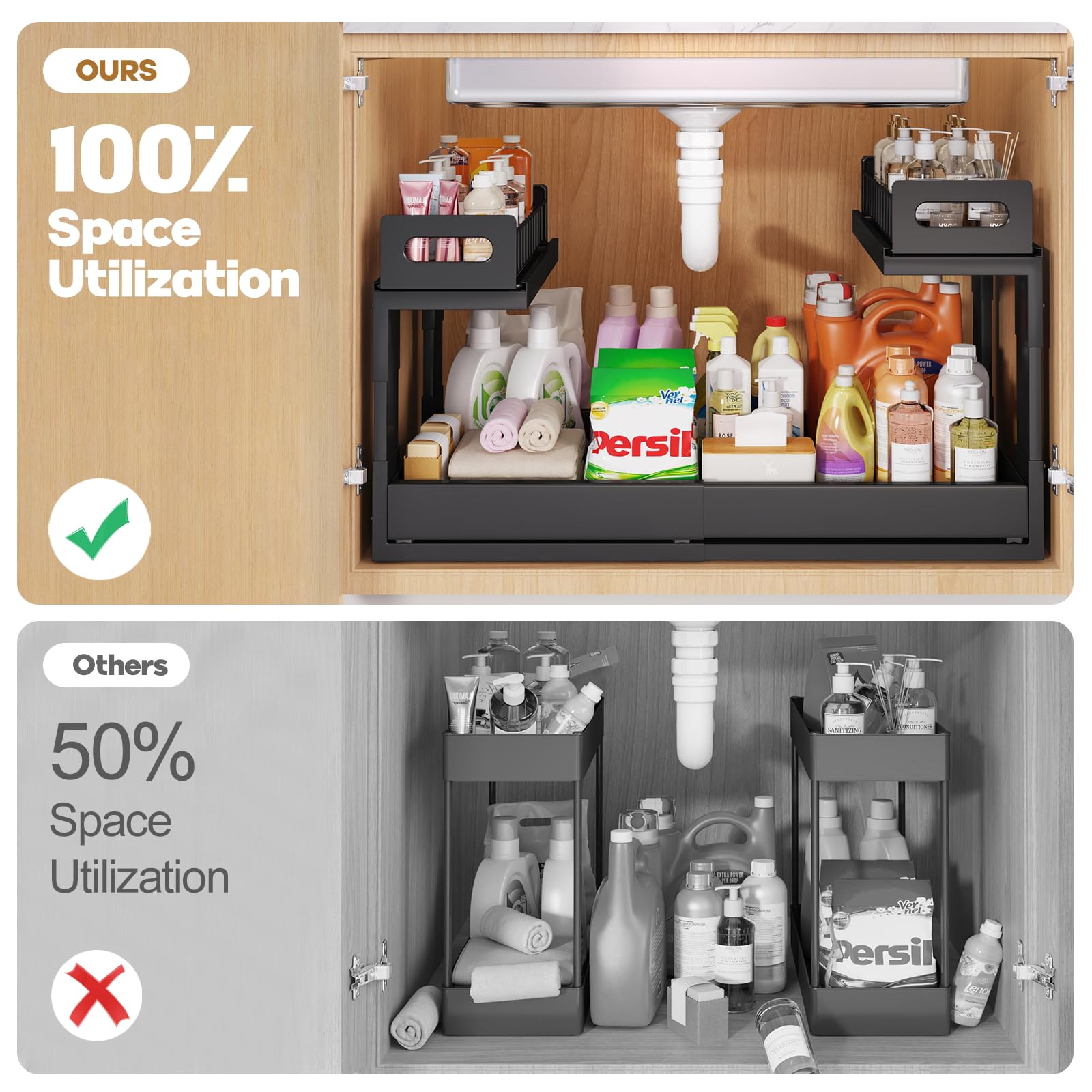 1 Pack-16"-26"W Expandable Under Sink Organizer With Upgrade Ball-Bearing Slide,2-Tier Pull Out Under Cabinet Organizer Height Adjustable,Not Suitable For Cabinets With Partitions In The Middle