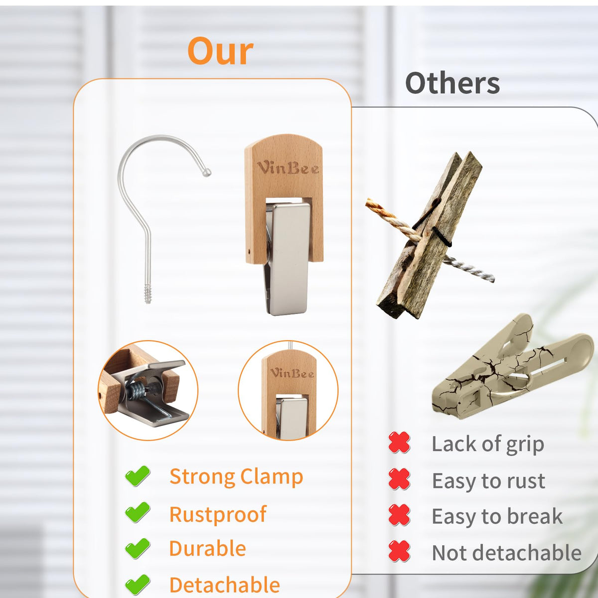 6Pcs Laundry Hooks Clips Hanger Wooden Laundry Clips with Hooks Closet Organizer Clamps Clothes Clips Laundry Hanging Clips Towel Clips for Socks (6 Count)
