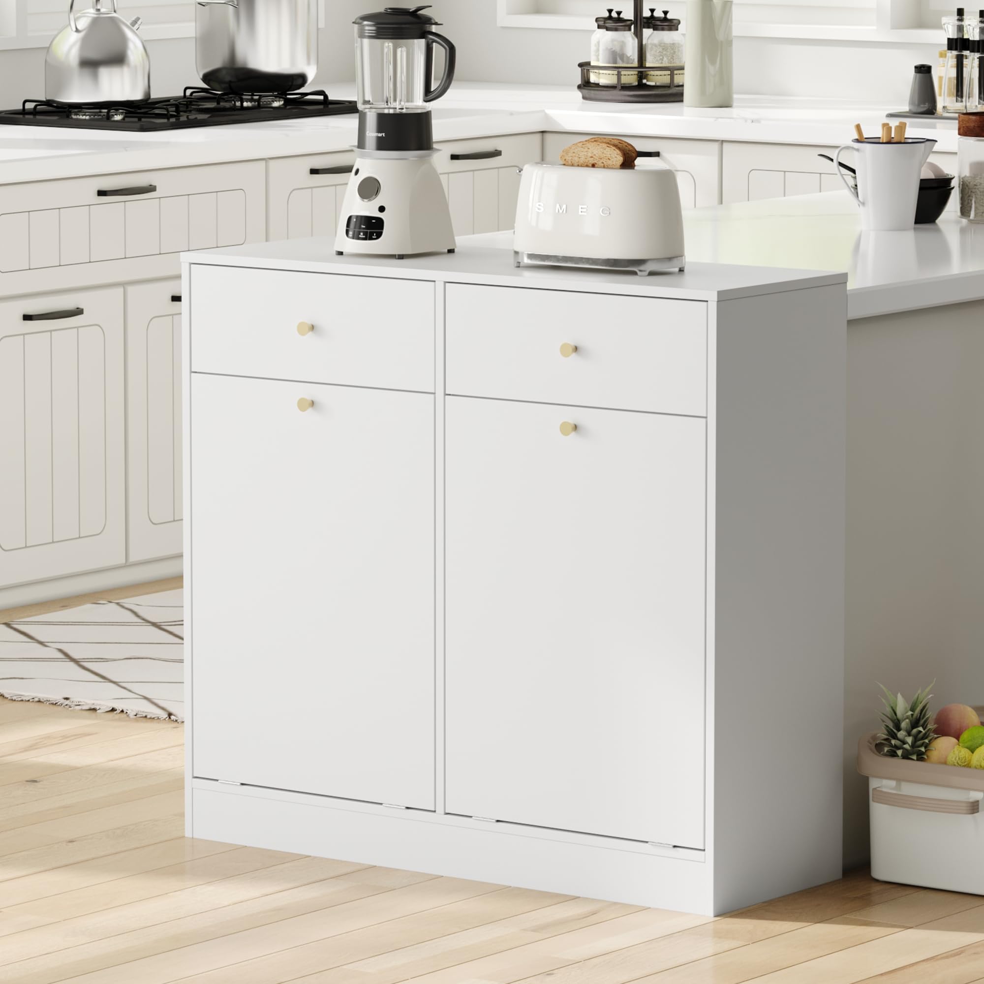 Double Tilt Out Trash Can Cabinet with 2 Drawers