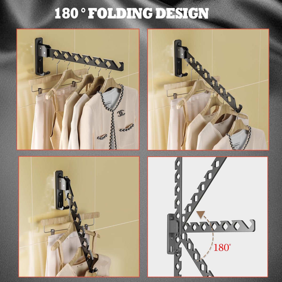 Wall Mount Coat Hanger Holder Black Clothes Drying Organizer Rack Garment Hooks Aluminium Retractable Folding Indoor Wall Mounted Hanger Space Saver for Laundry Room Bedroom Black 2 Pack with 8 Hooks (2 Count)