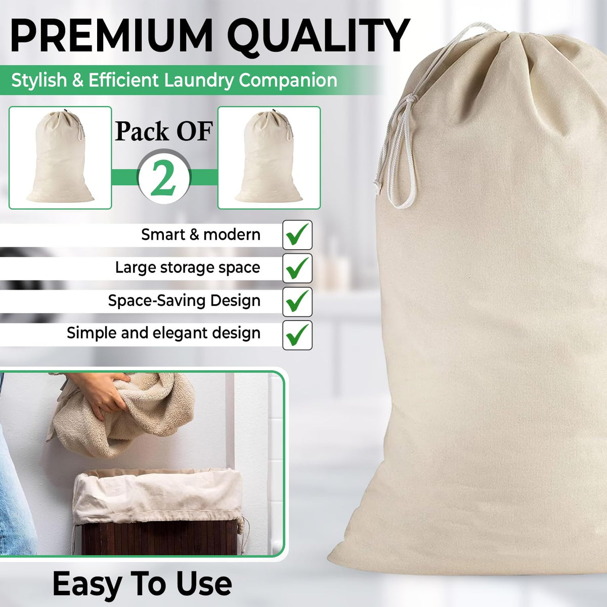Large Cotton Laundry Bags 24x36 Inch with Drawstring (2 Count)