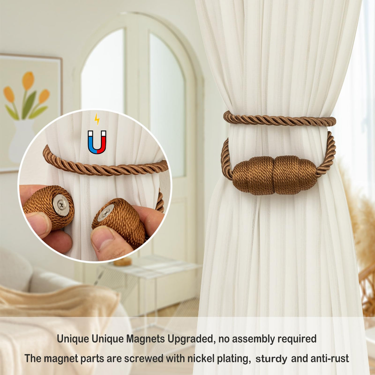 Magnetic Curtain Tiebacks Rope Curtain Tie Backs for Curtains 8 Pack Curtain Holders for Drapes Decorative Window Curtain Holdbacks (8 Count)