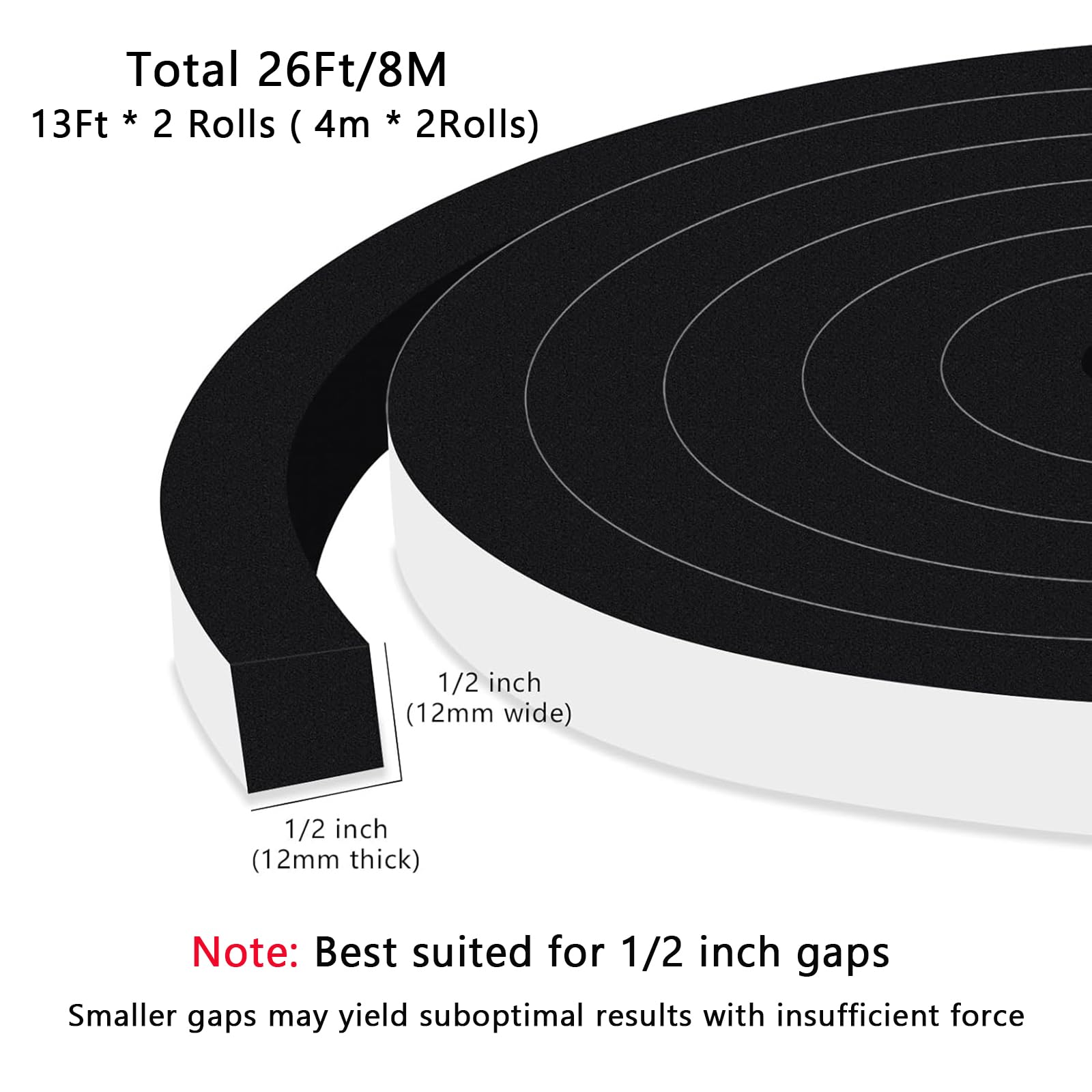 1 2in Thick Square Foam Weather Stripping for Doors and Windows (26 Foot)