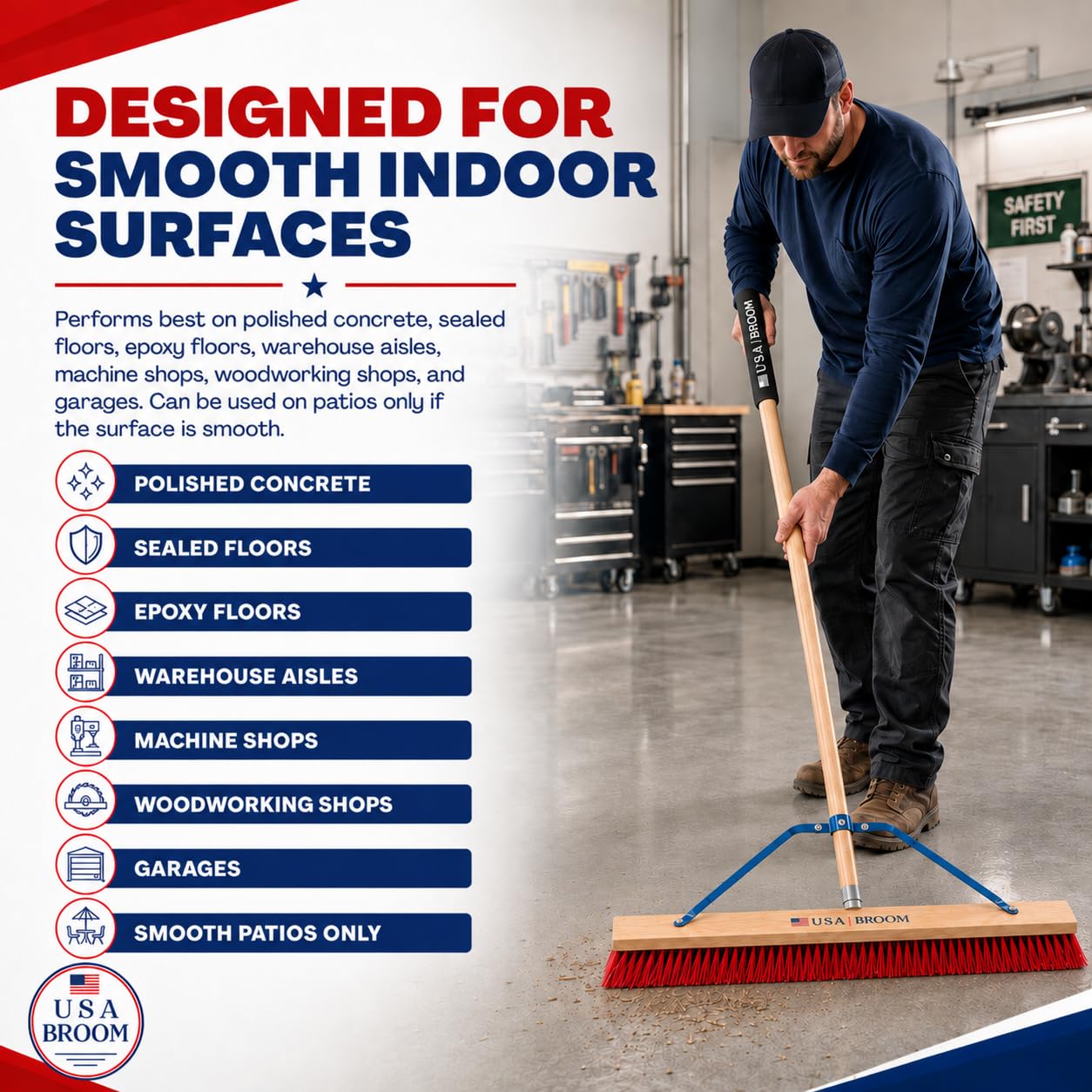 2-Pack - 36" Soft/Fine Sweep Indoor Push Broom with 60" Handle. Ideal for Epoxy & Polished Floors. Durable American Made Steel Brackets-All Stainless Steel Hardware. No Plastic. 100% USA Made