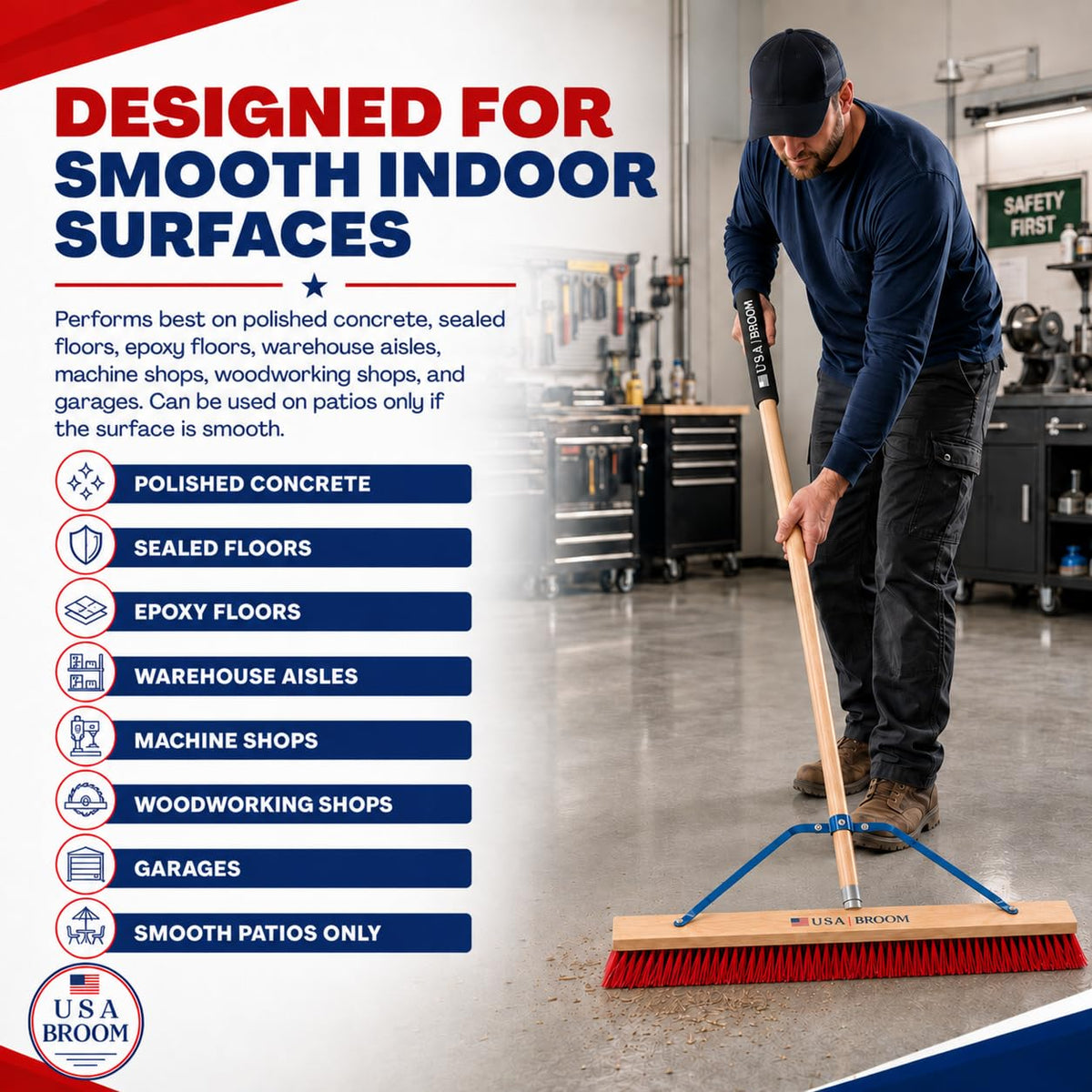 4-Pack - 36" Soft/Fine Sweep Indoor Push Broom with 60" Handle. Ideal for Epoxy & Polished Floors. Durable American Made Steel Brackets-All Stainless Steel Hardware. No Plastic. 100% USA Made
