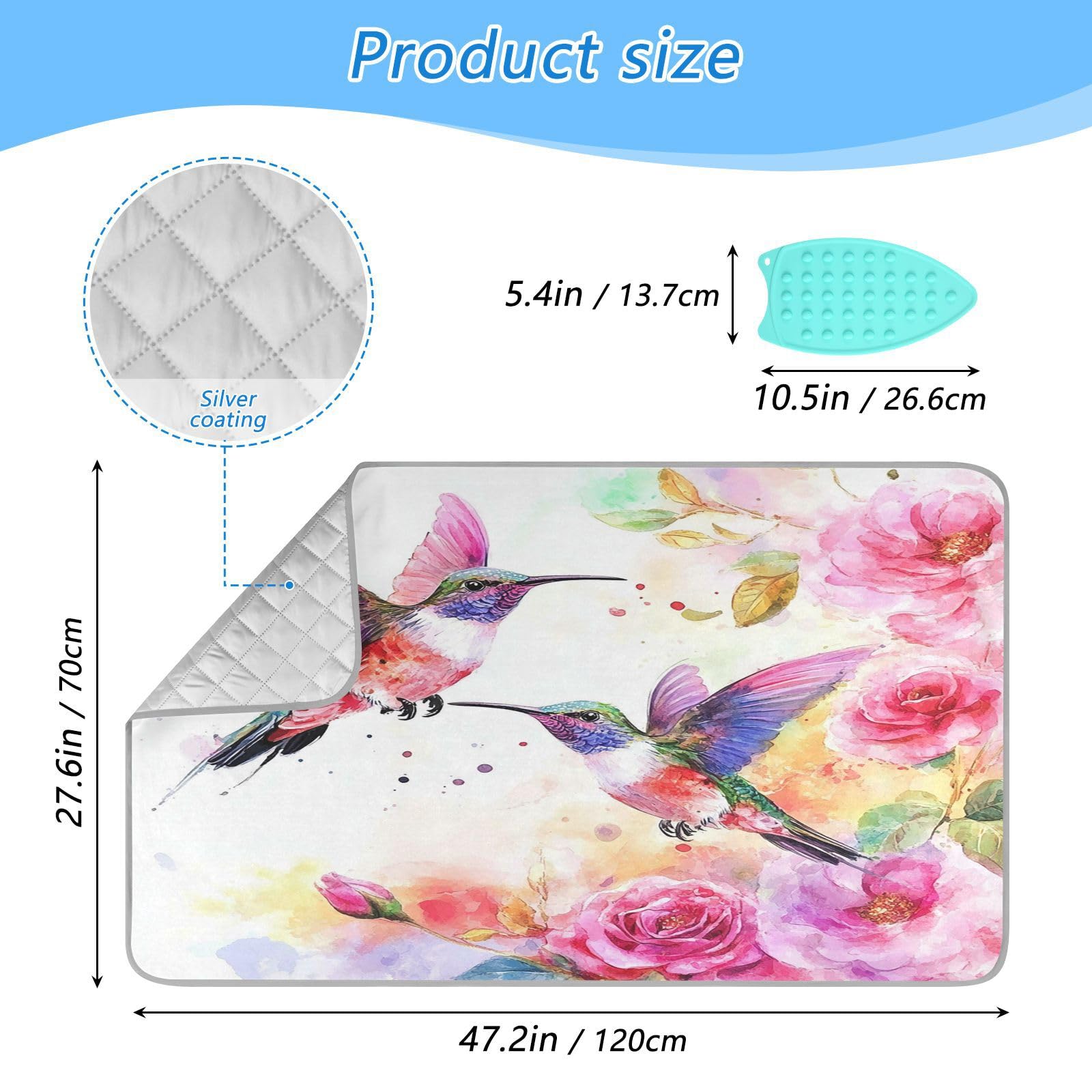 Watercolor Rose Pink Spring Hummingbird White Ironing Mat for Table top Portable Ironing Pad Blanket for Washer Dryer Countertop Travel