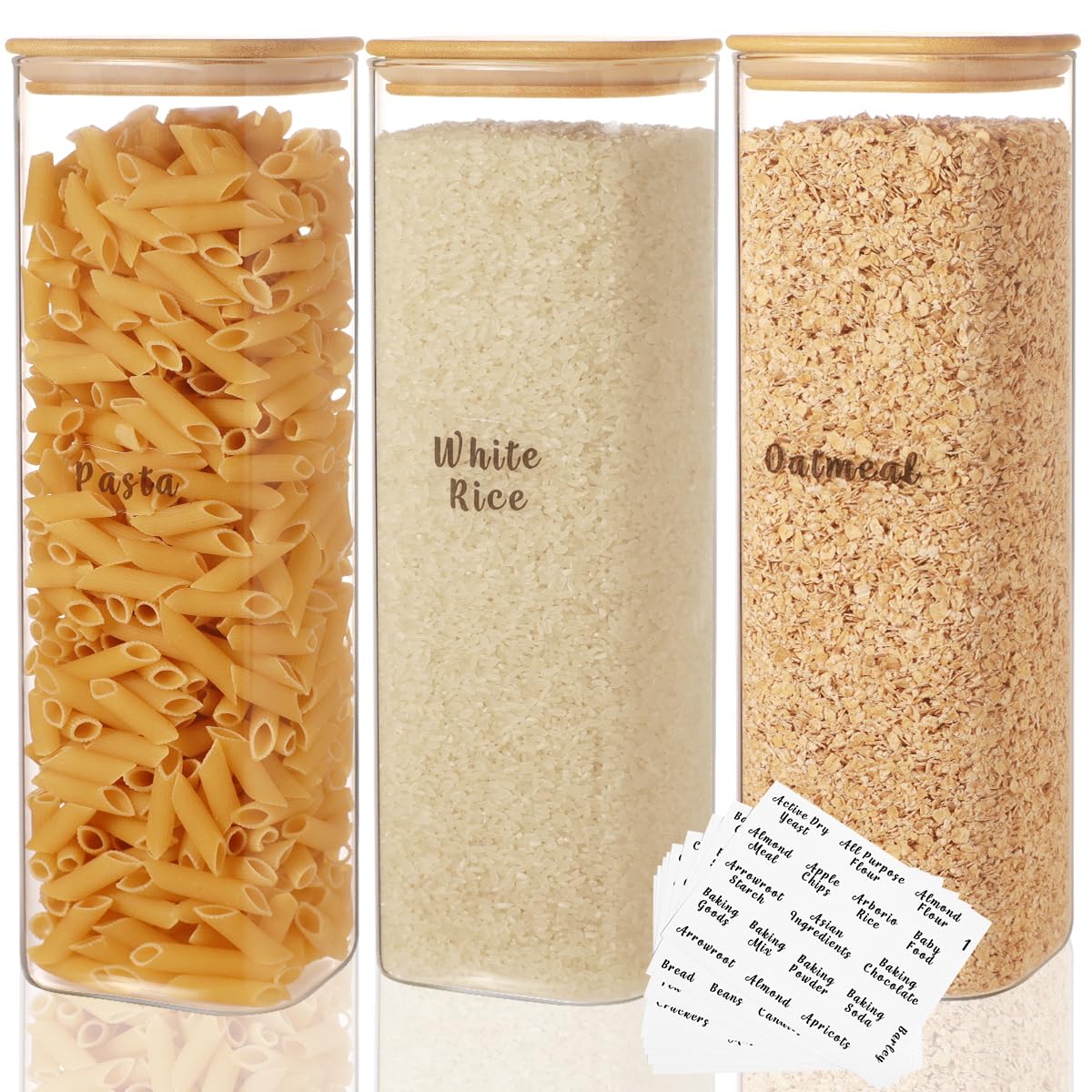 3 Pcs Square Glass Pantry Storage Containers with Bamboo Airtight Lid and 248 Clear Pantry Labels Preprinted