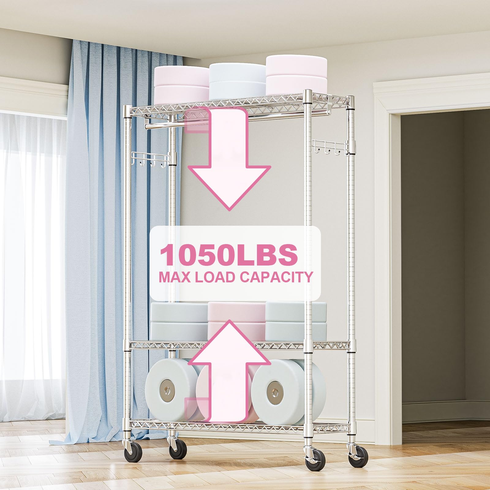 Heavy Duty Rolling Garment Rack 3 Tiers Adjustable Wire Shelving Clothes Rack with 1 Rods and Side Hooks
