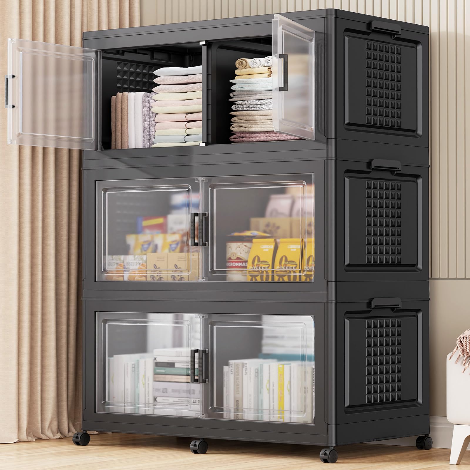 150Gal XL Stackable Storage Bins Foldable Box Cabinet for Home 3Pack Black (3 Count)