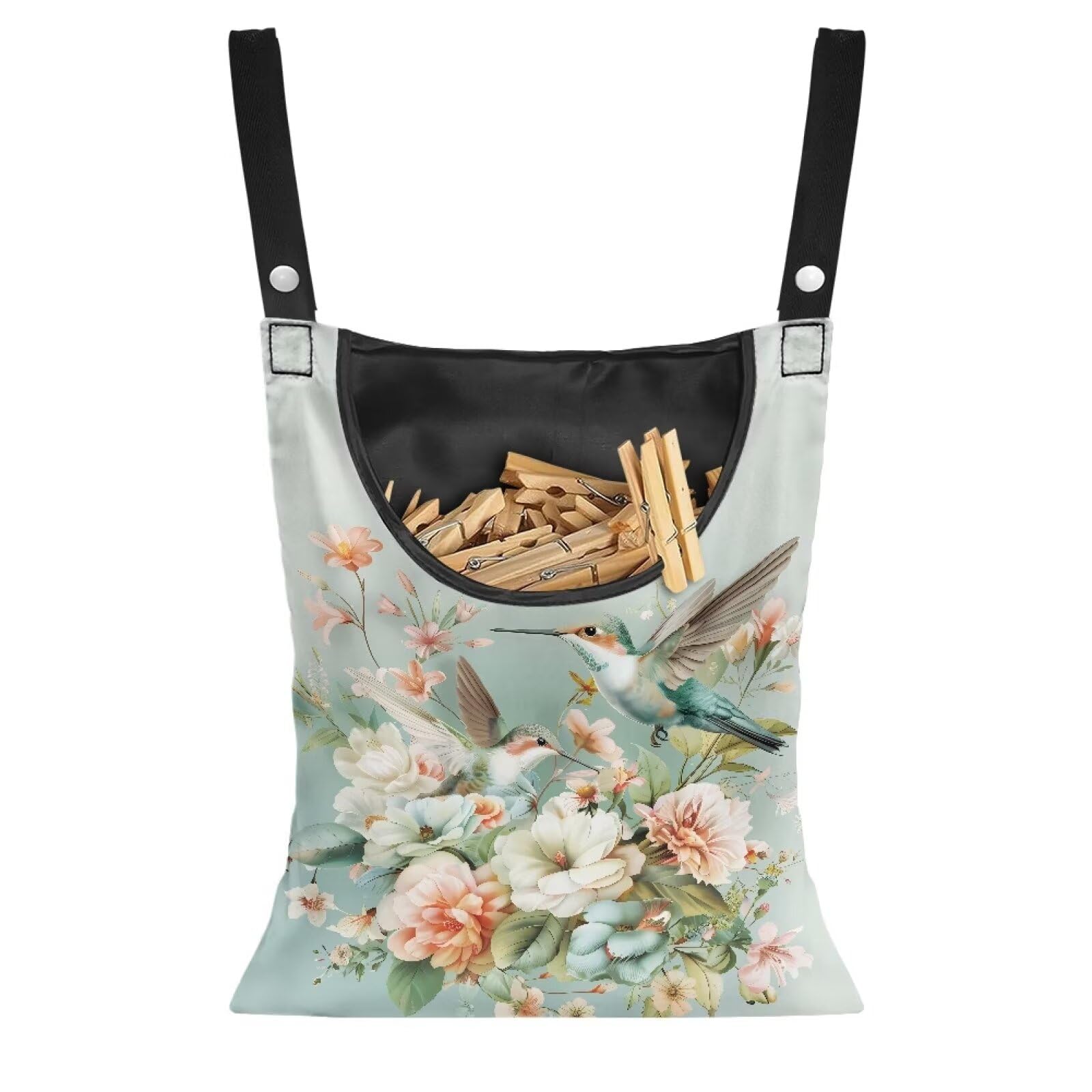 Hummingbird Floral Clothes Pin Bag to Hang On Line Reusable Clothespin Holder Laundry Room Clothespin Holder with Large Opening Space