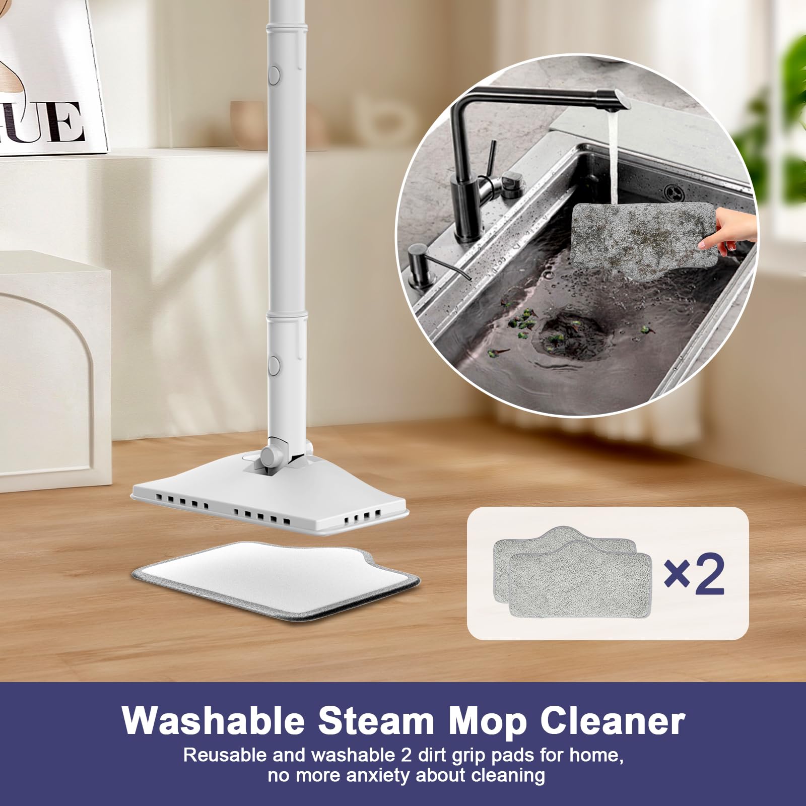 6-in-1 Steam Mop, 1200W Rotated Steam Cleaner for Home, 2 Modes, 400ML Removable Tank, 23FT Power Cord, 2 Pads, Multi-Surface Steamer for Hard Floor, Laminate Floor, Tiles Cleaning (White Silk)