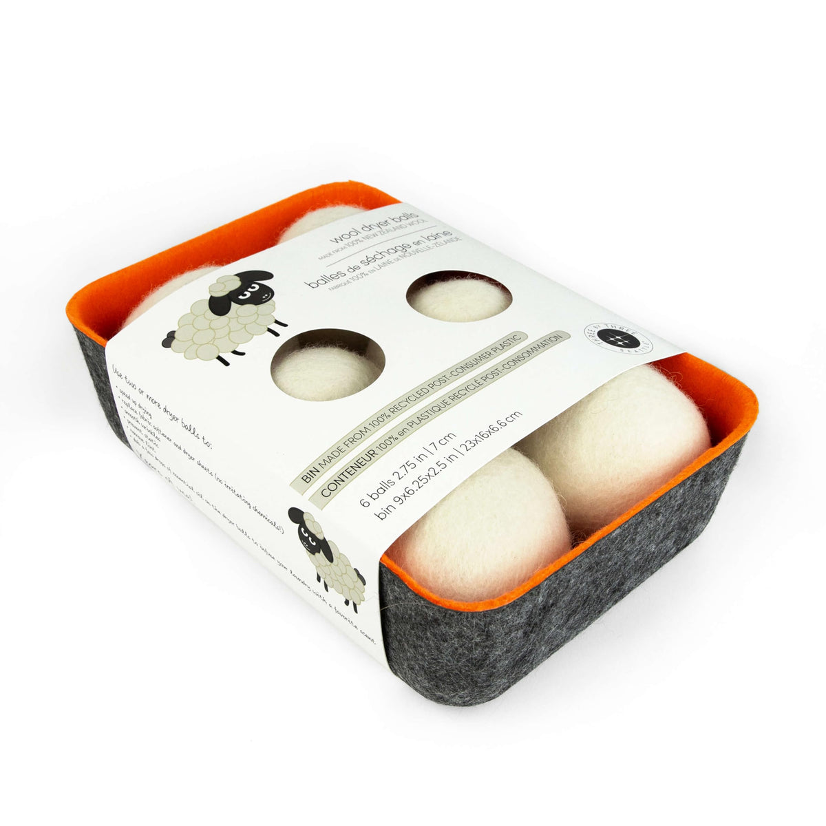 Wool Dryer Balls + Felt Storage Bin (6 Count)
