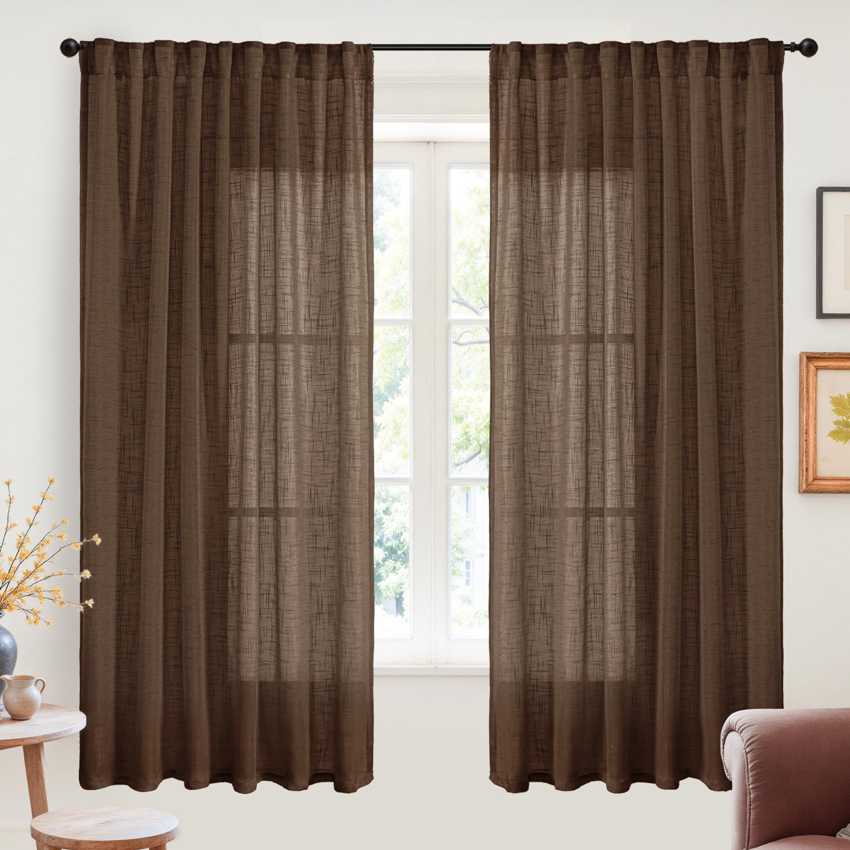 Dark Brown Linen Curtains 68 Inch Length for Living Room (2 Count)