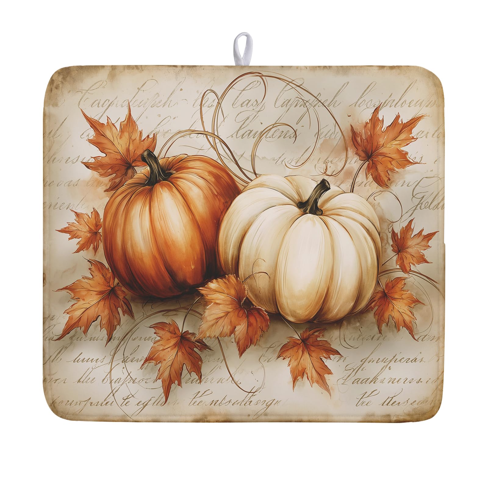 Fall Pumpkin Dish Drying Mat 16X18 Inch Vintage Autumn Drying Mat for Kitchen Counter Absorbent Maple Leaf Fall Thanksgiving Farmhouse Dishes Pad Drainer Mat Countertop Protector for Kitchen Fast Dry