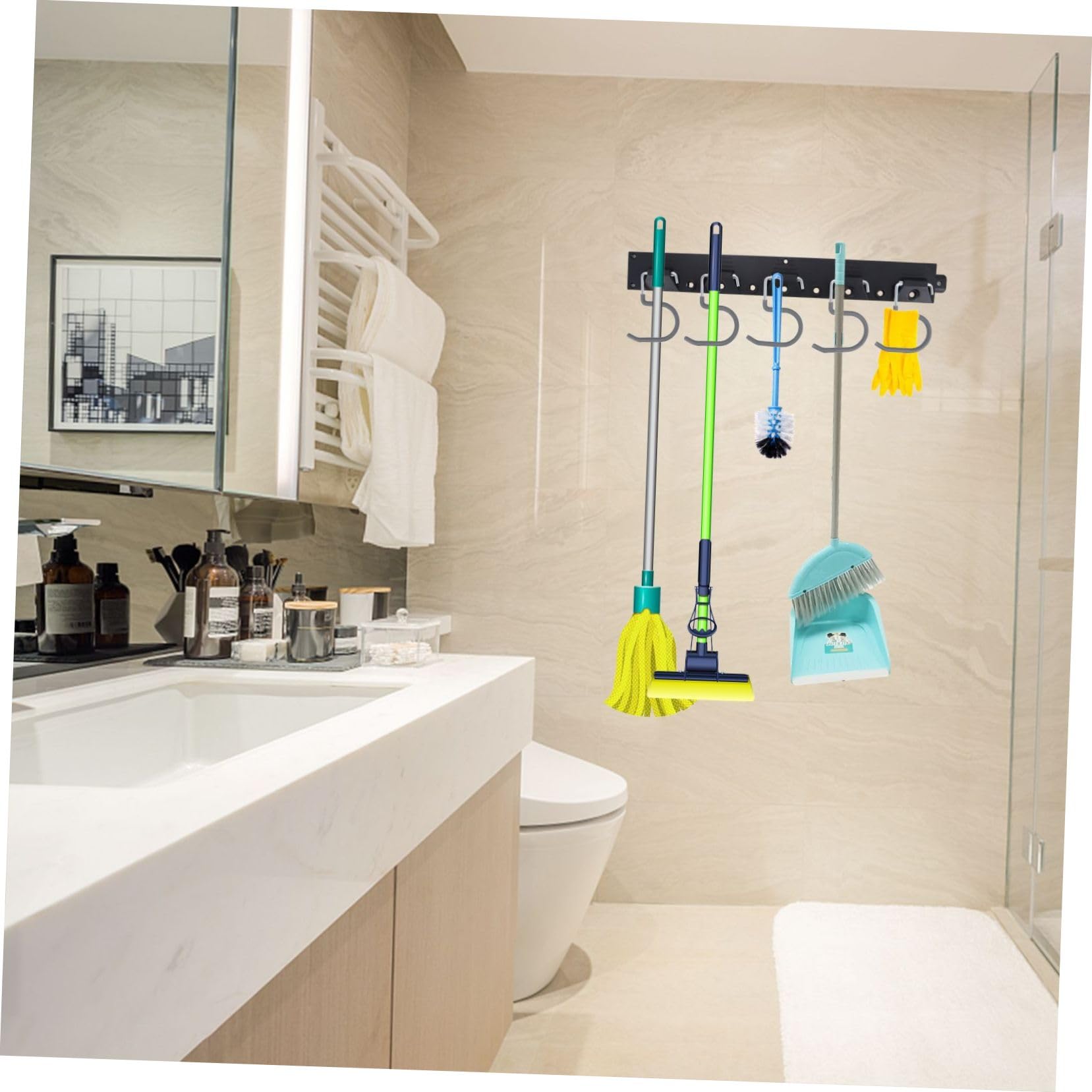 1Set Wall Mount Tool Organizer Broom Holder Garden Tool Hanger with Non Slip Coating Durable and Hooks for Garage and Garden Storage