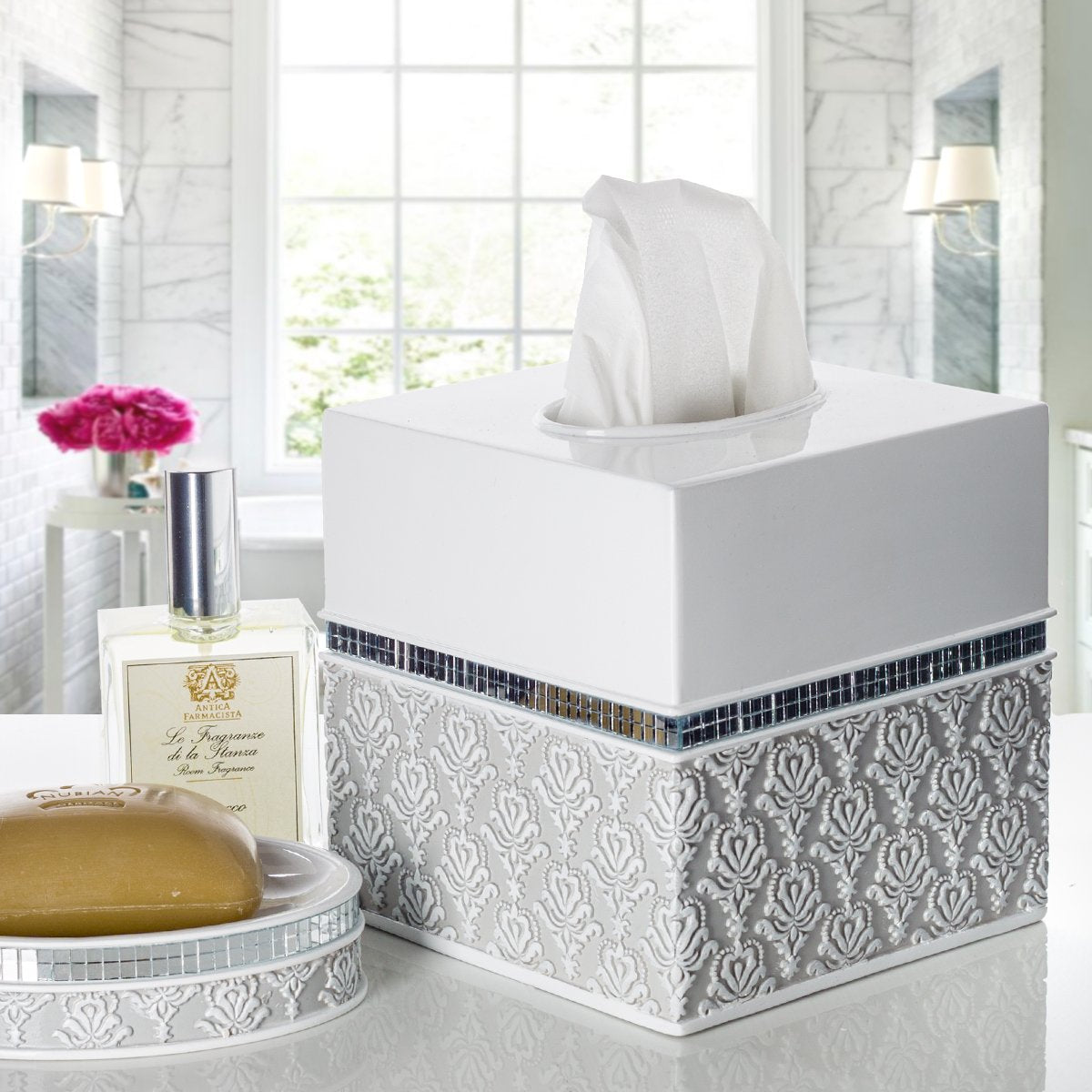Mirror Damask White & Gray Square Resin Tissue Box Cover with Bottom Slider