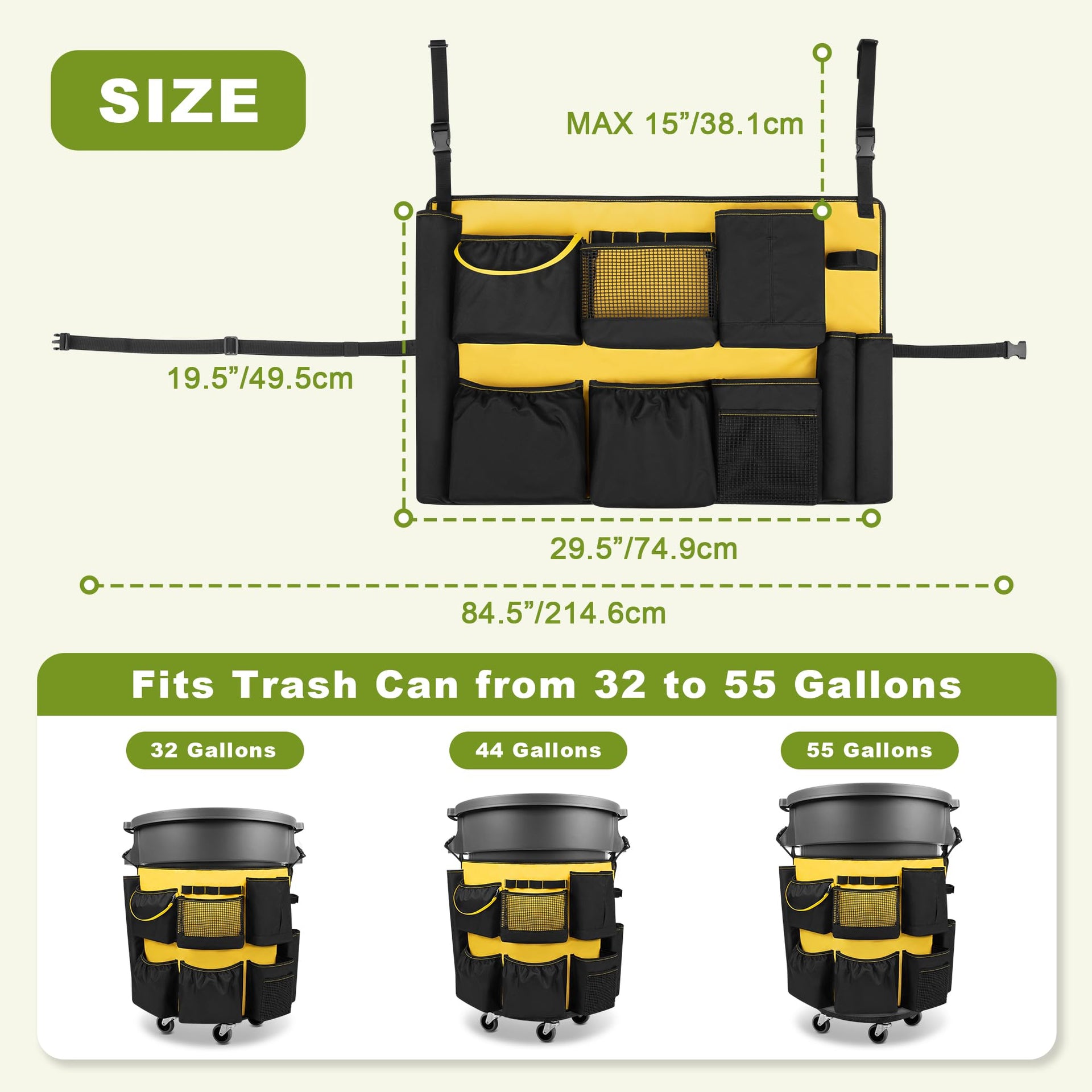 32 55 Gallon Trash Can Caddy Bag with Multi Pockets for Clean Tools
